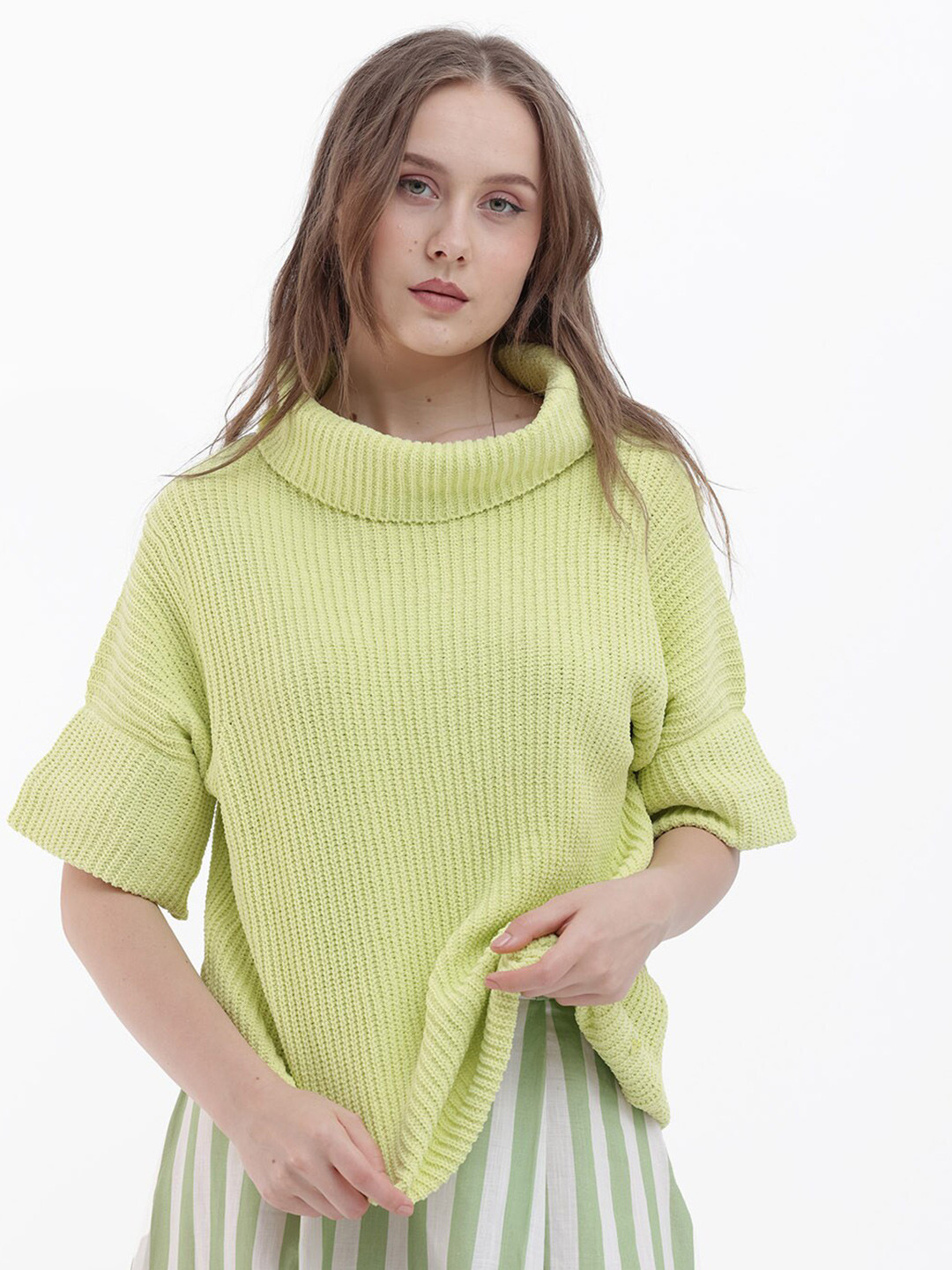 RAREISM Cable Knit Self Design Cowl Neck Ribbed Pullover
