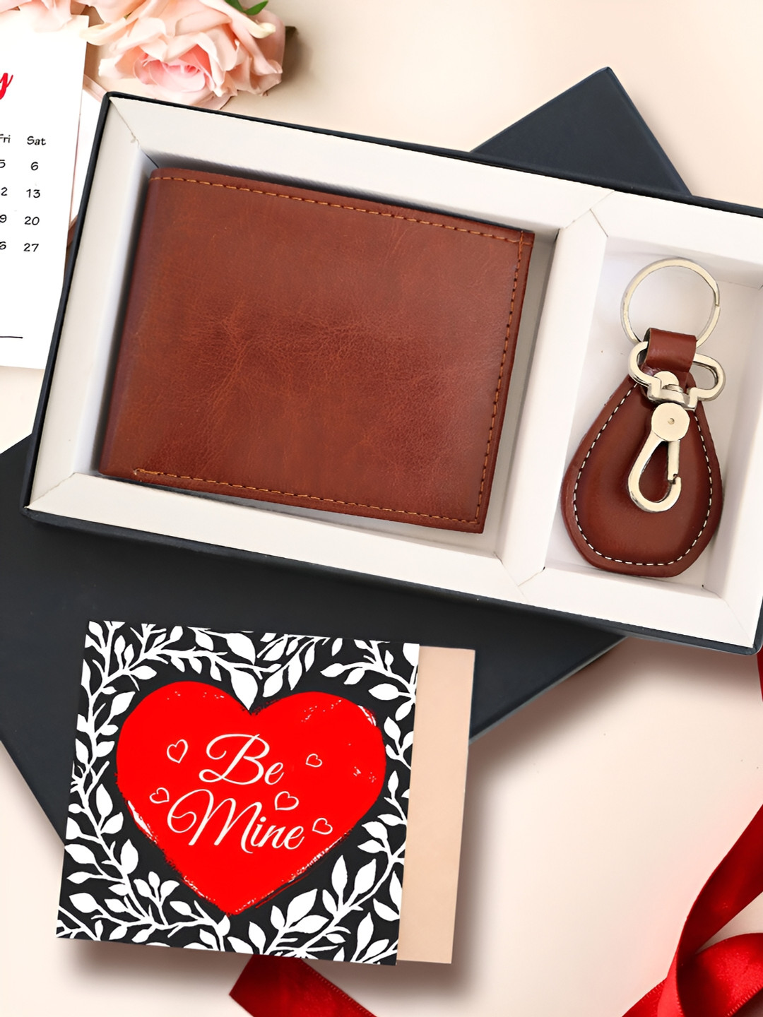TIED RIBBONS Red & Brown 3 Pieces Lather Wallet Keychain & Card Home Gift Set