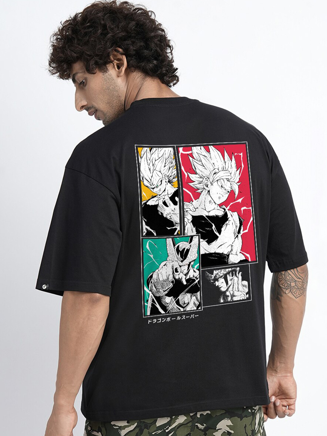 PRONK Black Oversized Printed Cotton Applique Round Neck T-shirt