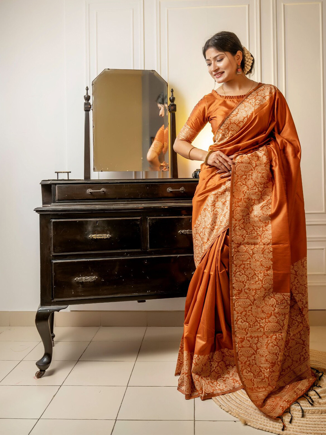 NK Textiles Orange & Beige Ethnic Woven Design Raw Silk Bhagalpuri Saree