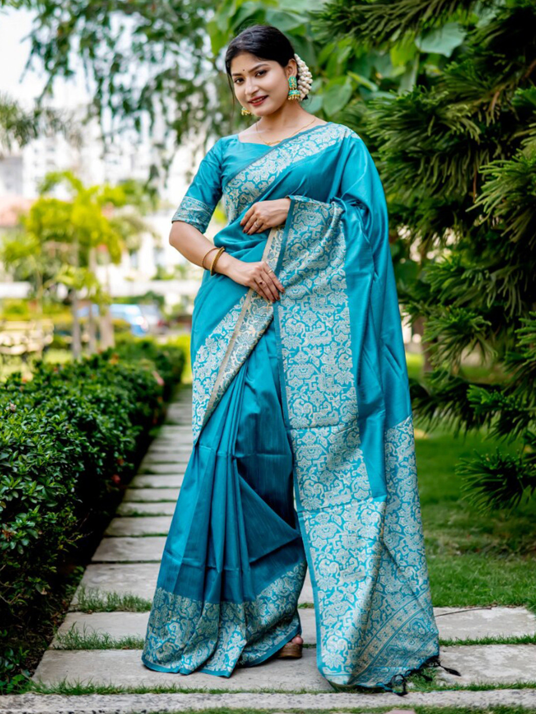 NK Textiles Turquoise Blue & Beige Raw Silk Bhagalpuri Saree