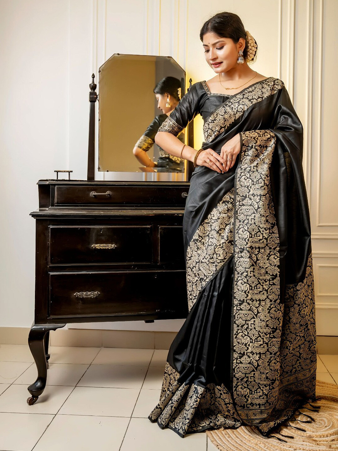 NK Textiles Black & Cream Coloured Raw Silk Bhagalpuri Saree