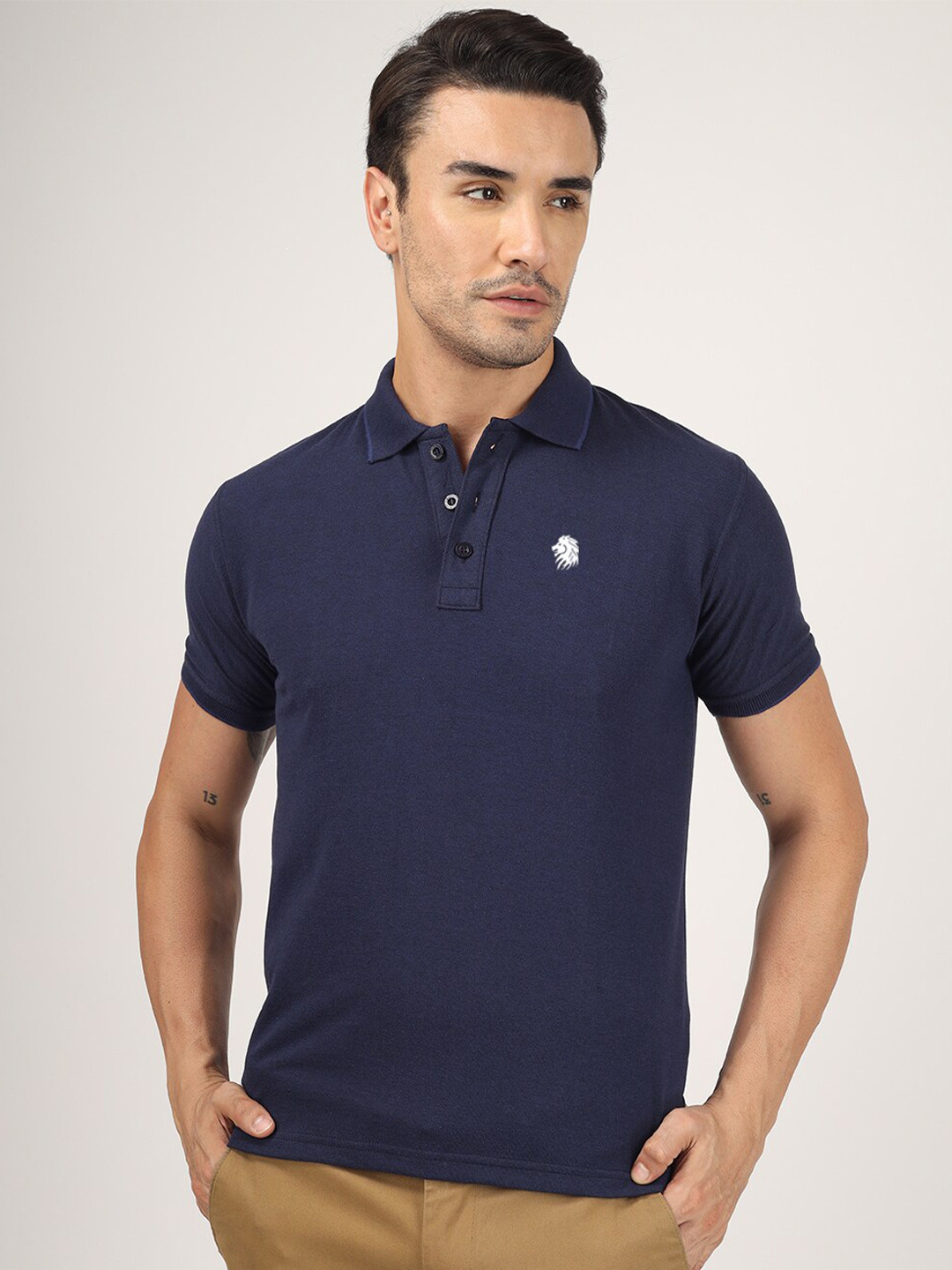 Greylongg Short Sleeves Blue Polo Collar Applique T-shirt