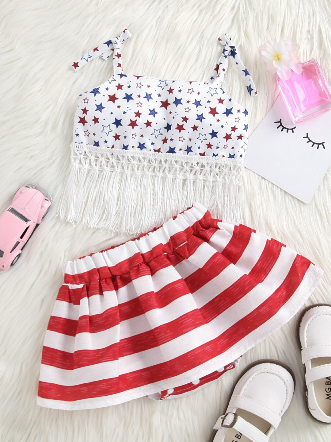 StyleCast Girls Red & White Printed Pure Cotton Crop Top With Skirt