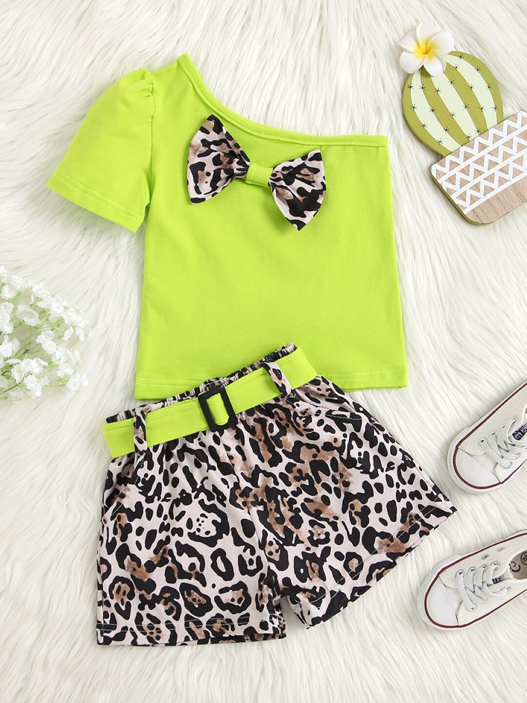 StyleCast Girls Green & Black Printed One Shoulder Pure Cotton Top with Shorts