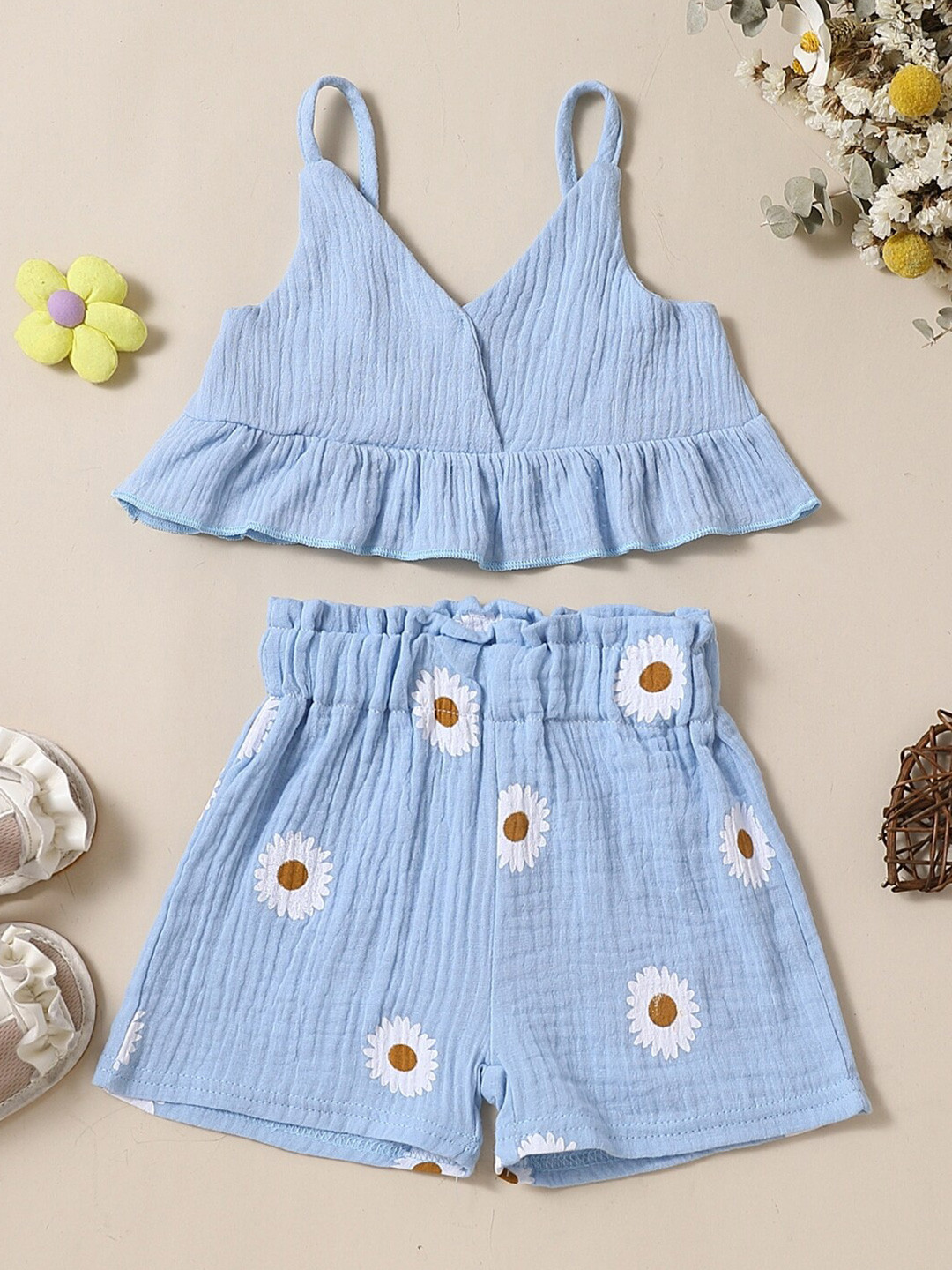 StyleCast Infants Girls Blue & White  Shoulder Straps Sleeveless Pure Cotton Top & Shorts