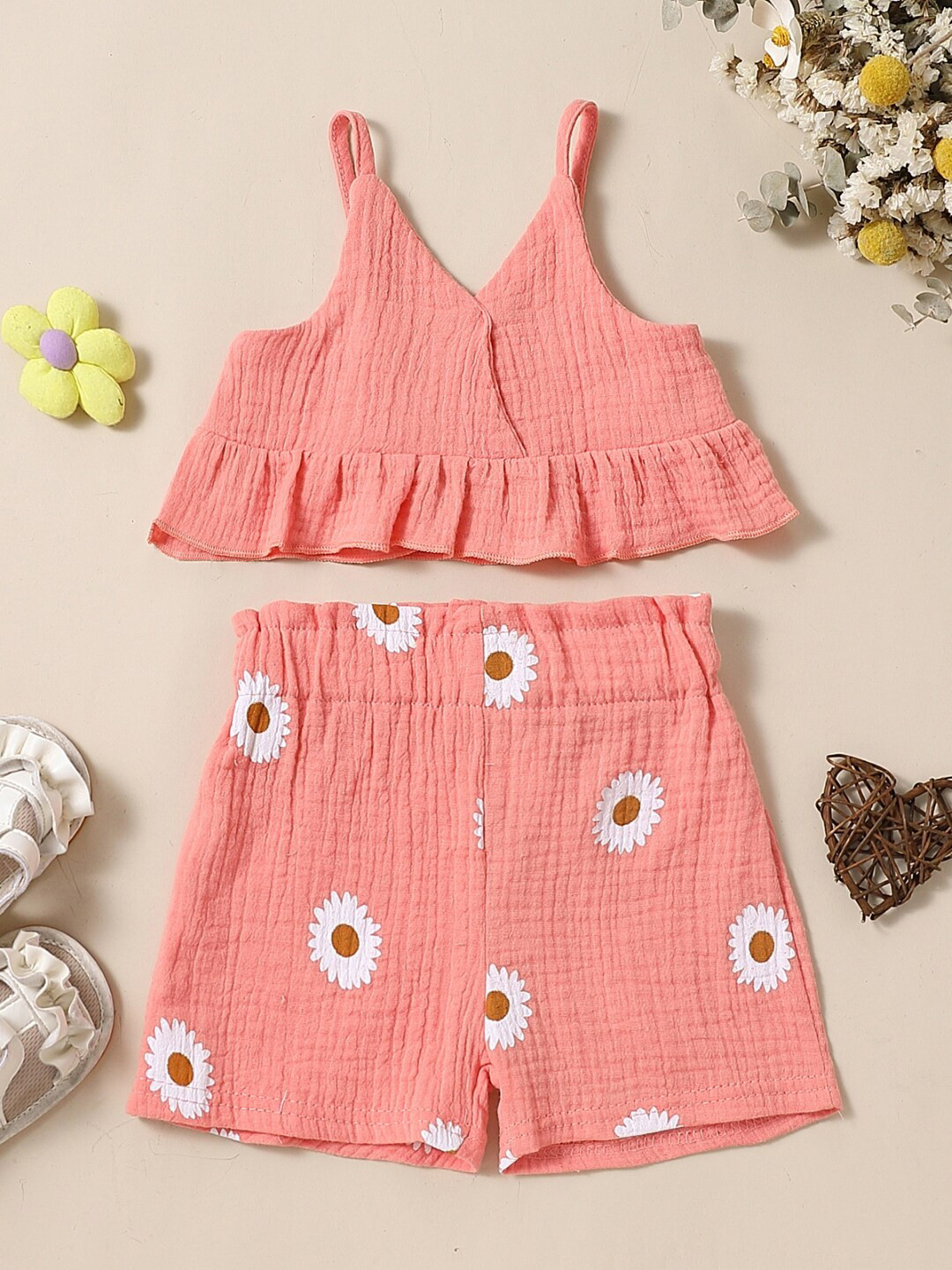 StyleCast Infants Girls Pink & White  Shoulder Straps Sleeveless Pure Cotton Top & Shorts