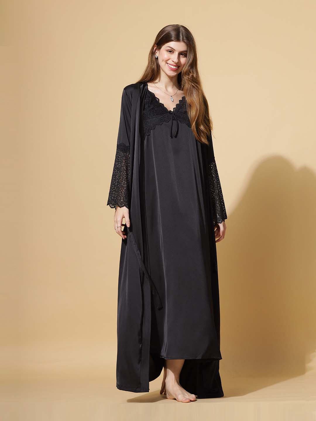 9shines Label Shoulder Straps Baby Doll Satin Maxi Nightdress with Robe