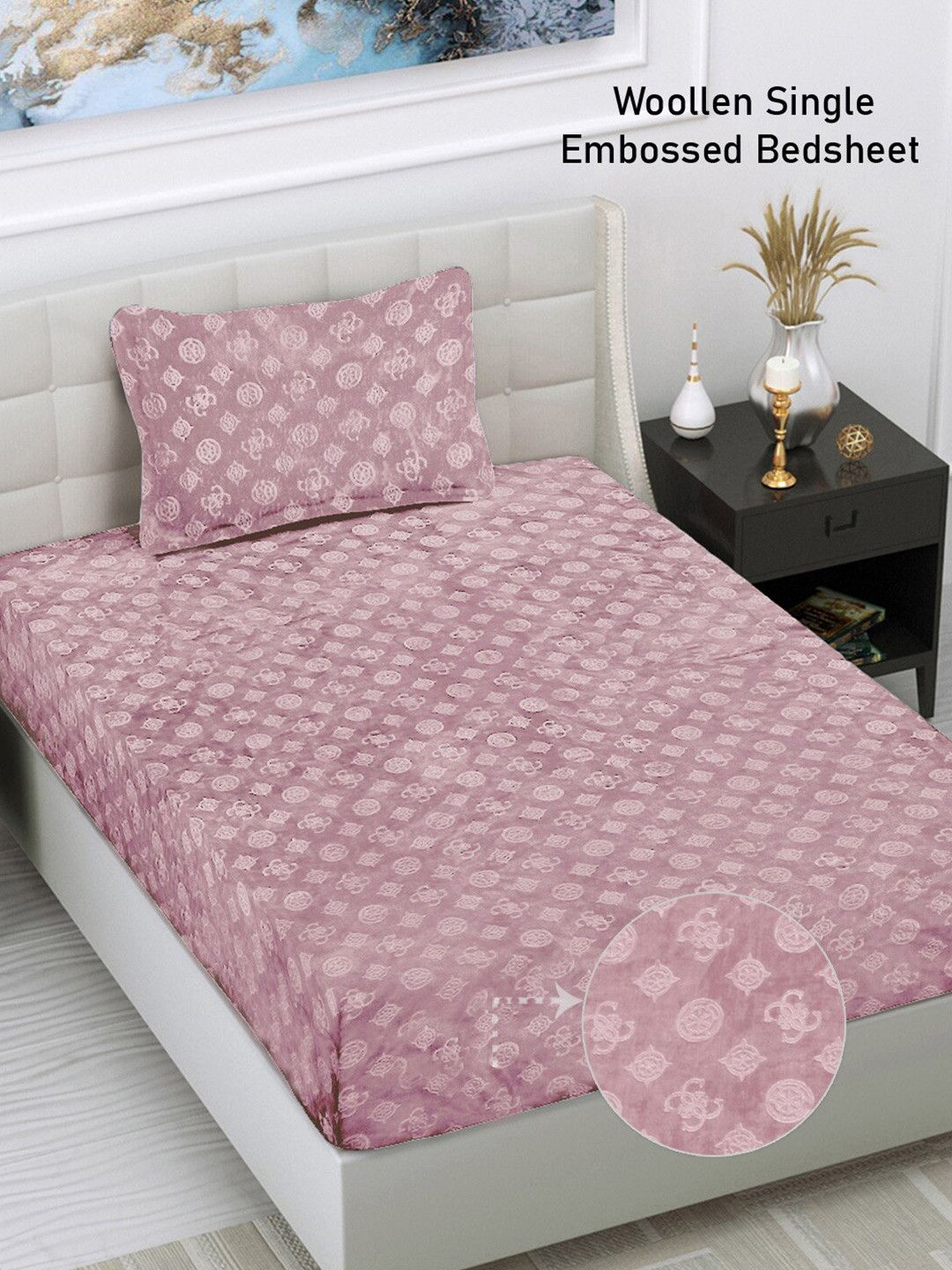FABINALIV Embossed Pink Geometric Wool 300 TC Single Fine Bedsheet with a Pillow Cover-89 x 59 inches
