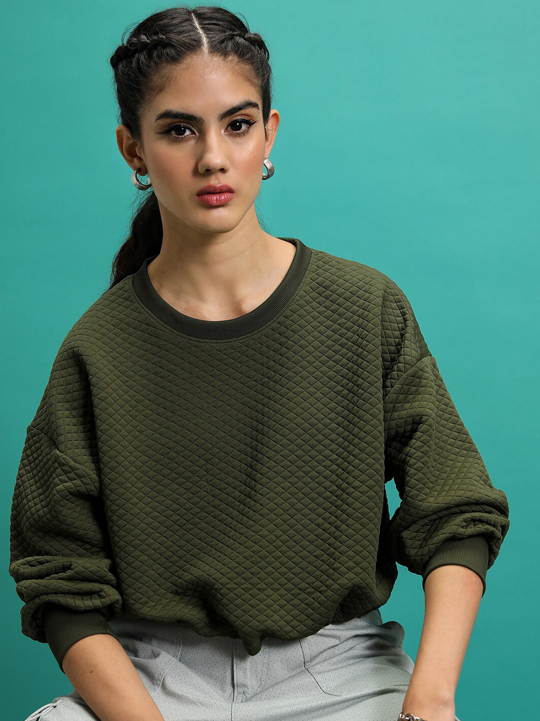 Tokyo Talkies Green Quilted Oversized Cropped Pullover