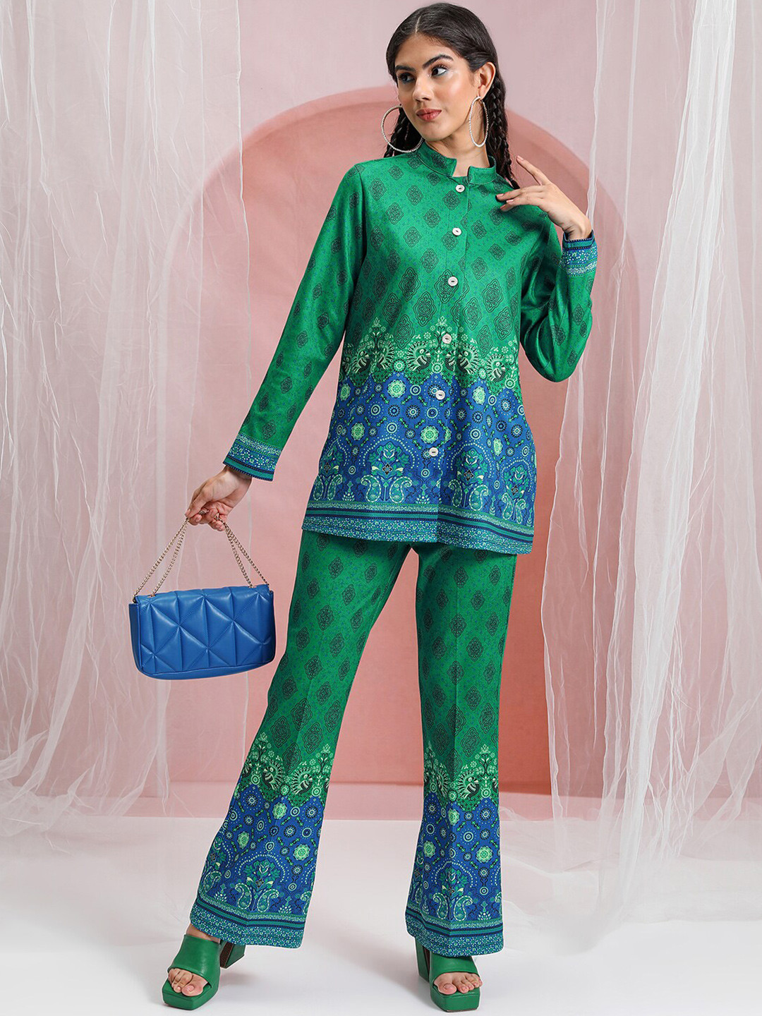 Vishudh Women Mandrain Collar Shirt With Bell Bottom Shaped Pants