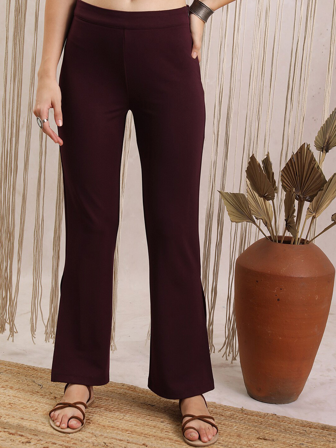 Vishudh Women Purple Mid-Rise Bell Side Slit Trousers