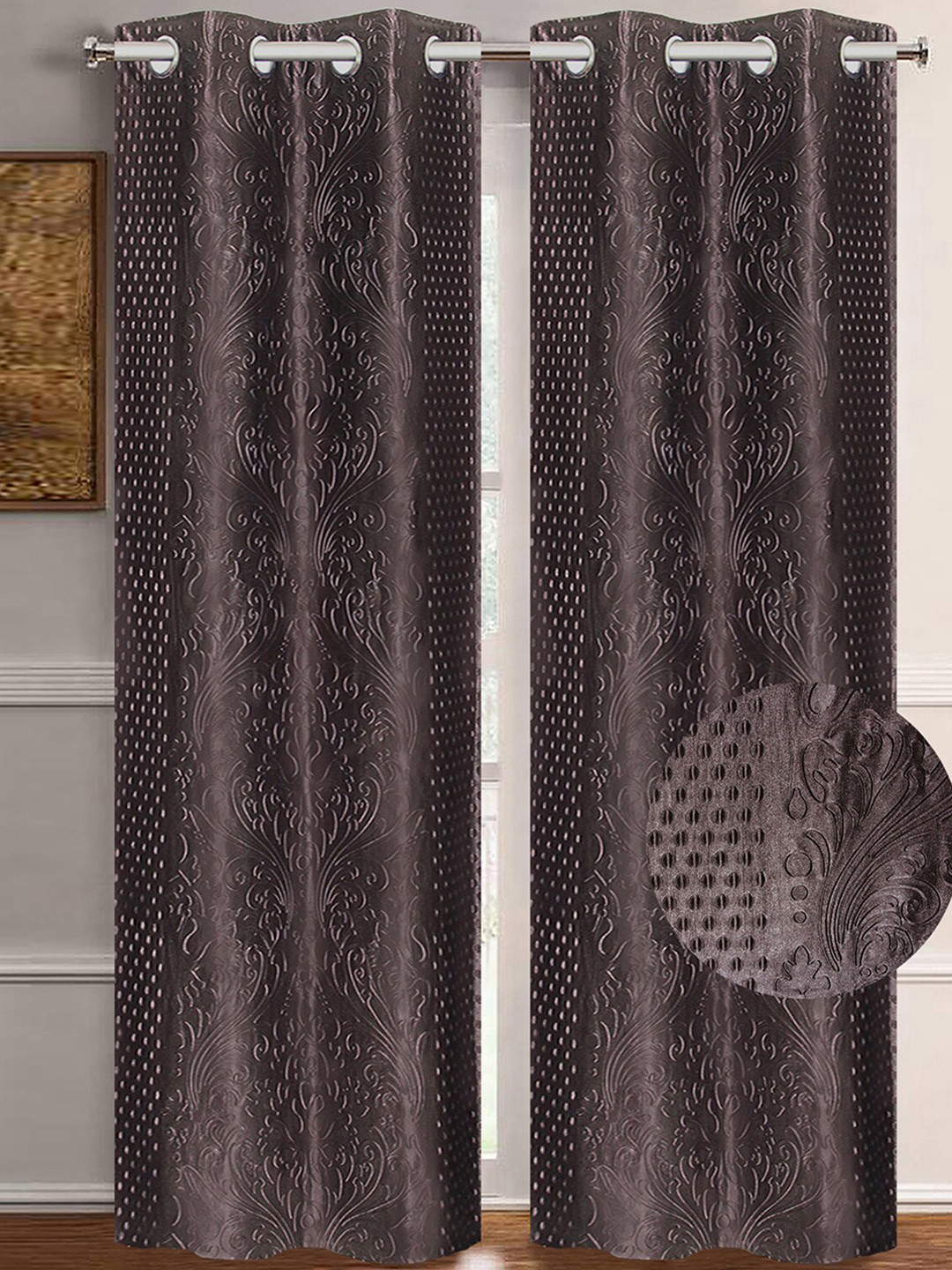 Aura Brown 2 Pieces Self Designed Room Darkening Door Curtains