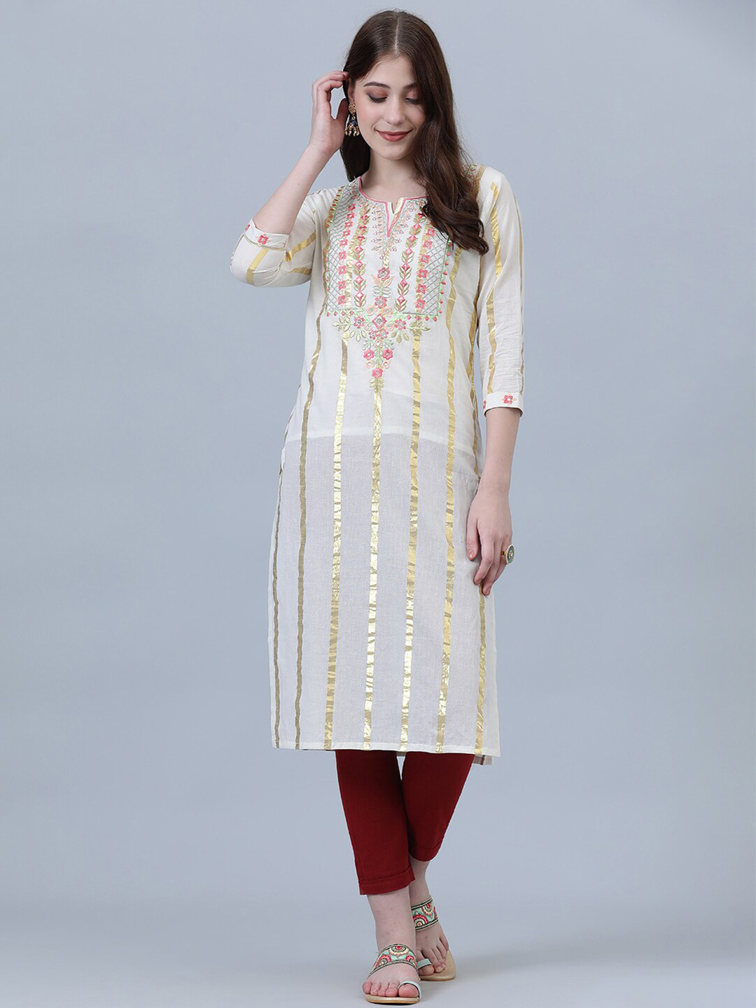 Aaysa Kurti Floral Embroidered Mandarin Collar Mirror Work Cotton Straight Kurta