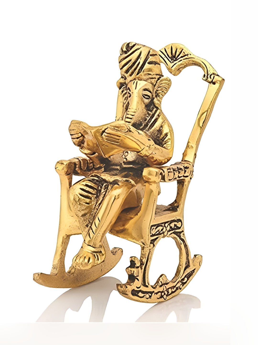 Navyaksh Lord Ganesha Reading Ramayana Gold Metal Metallic Living Room Medium Showpiece - 3.1 Inches