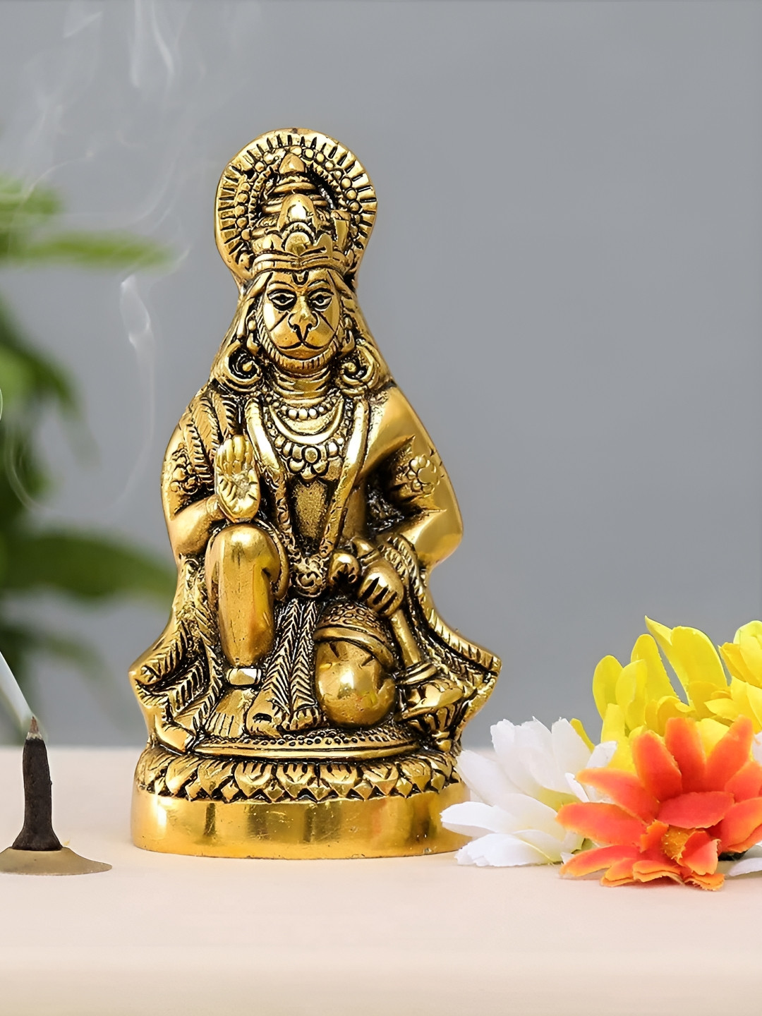 Navyaksh Hanuman Ji Gold Metal Metallic Prayer Room Small Showpiece - 6.5 Inches