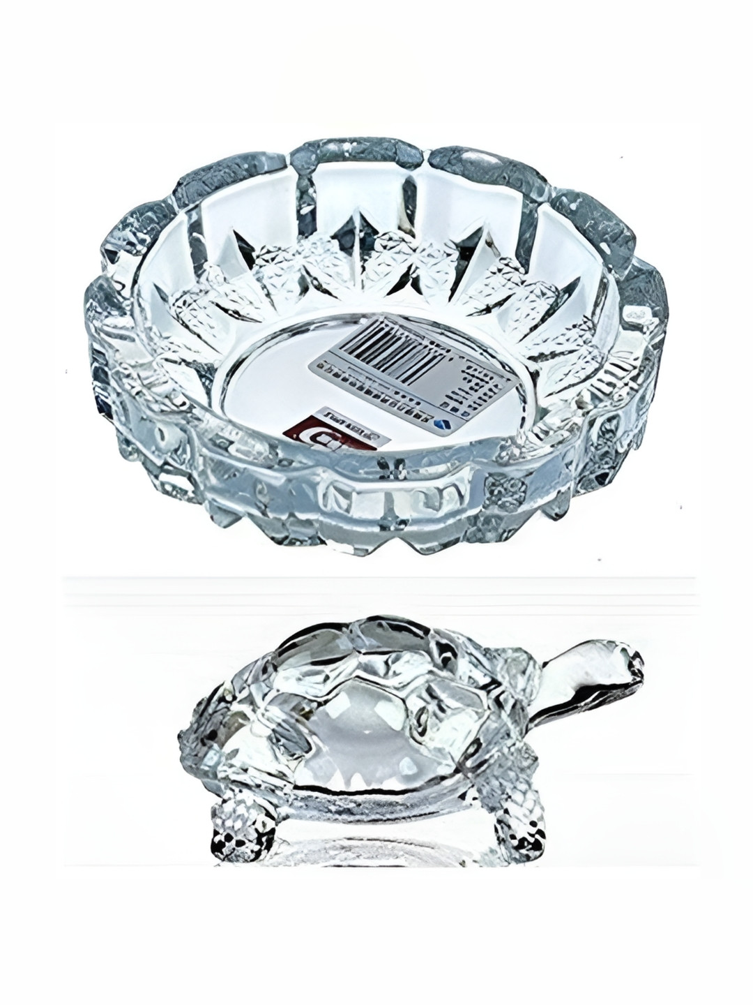 Navyaksh Turtle with Bowl Plate Transparent Glass Glossy Prayer Room Set of 2 Small Showpieces - 1.5 Inches