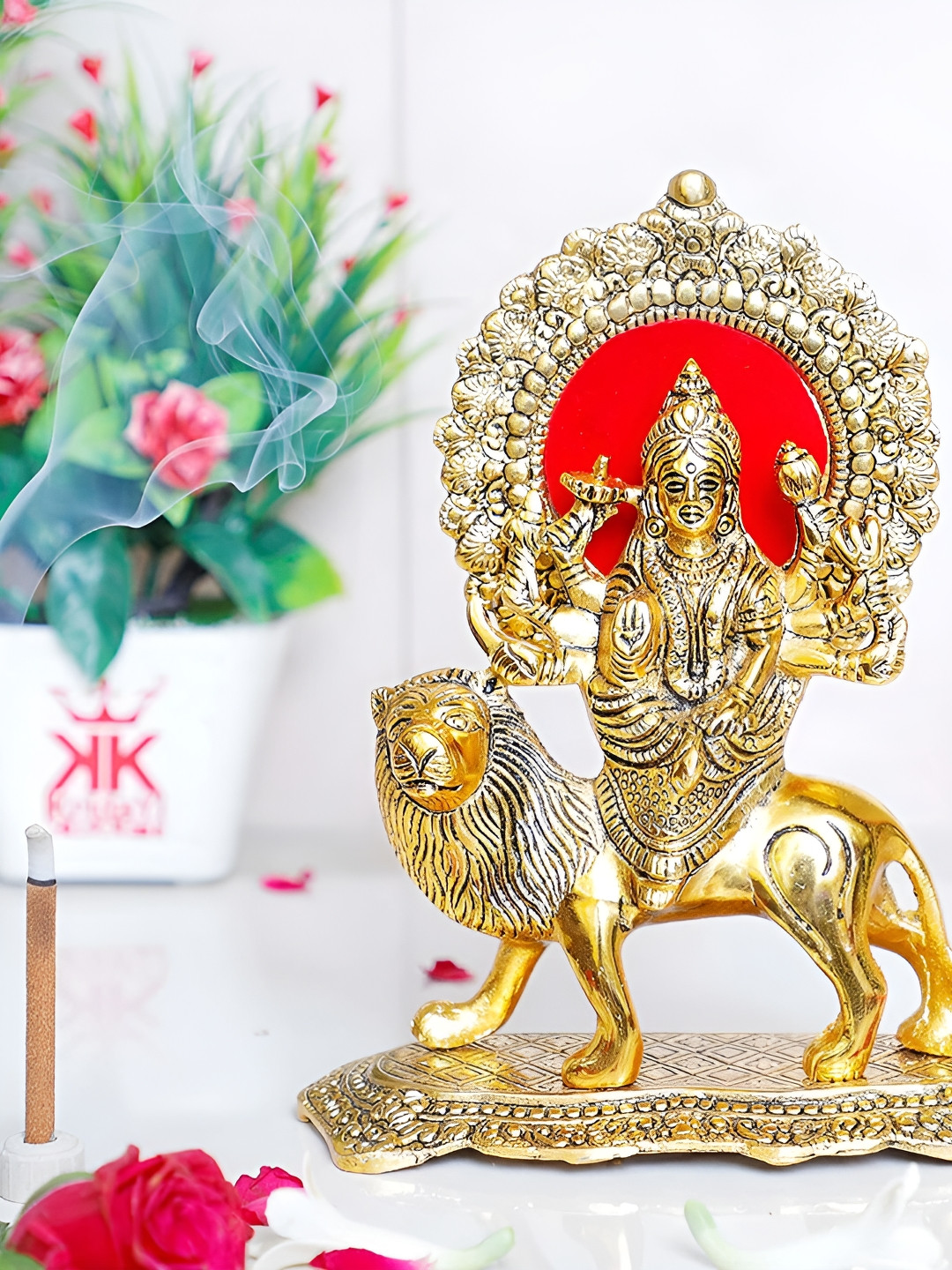Navyaksh Sherawali Maa Durga On Lion Gold Brass Metallic Prayer Room Small Showpiece - 3.1 Inches