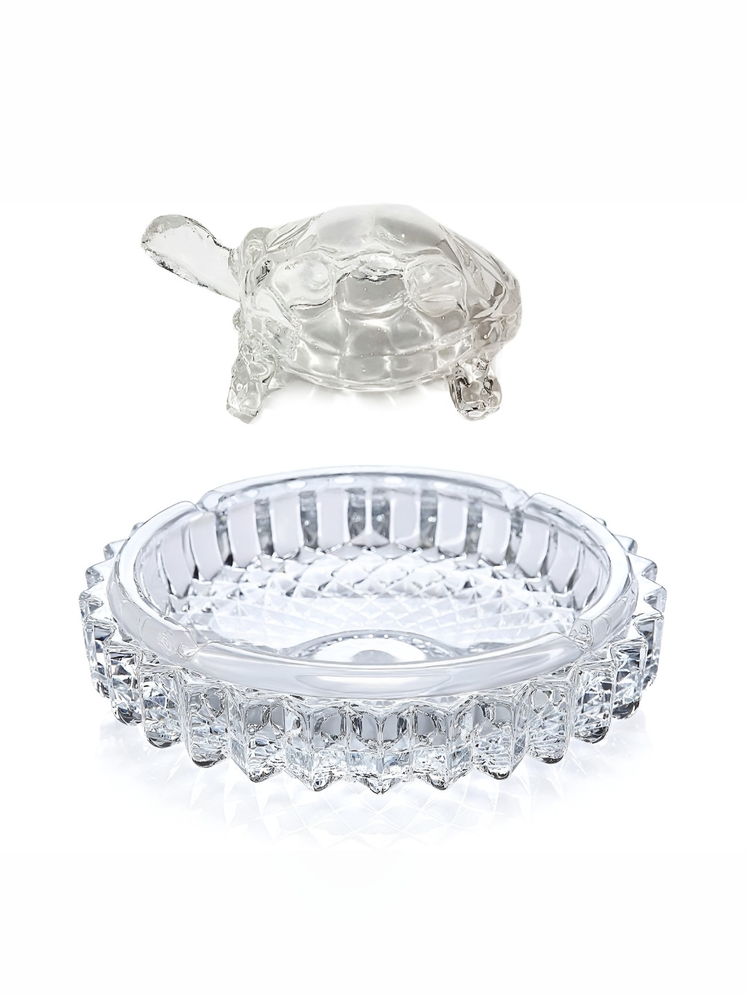 Navyaksh Feng Shui Turtle Tortoise Transparent Glass Glossy Prayer Room Set of 2 Small Showpieces - 3.1 Inches