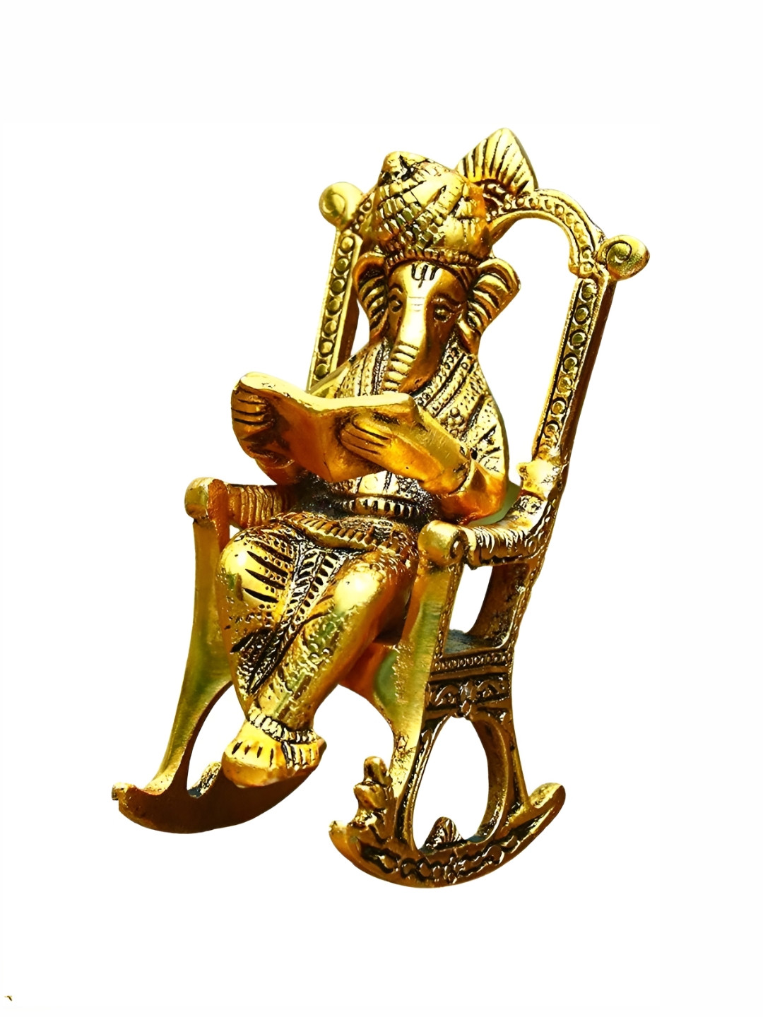 Navyaksh Lord Ganesh Reading Ramayana and Sitting on Chair Gold Metal Metallic Prayer Room Tiny Showpiece - 3.1 Inches