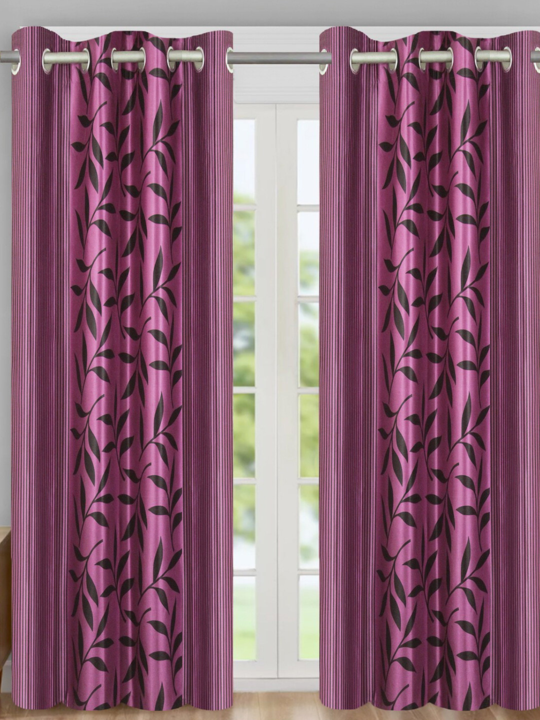 Aura Pink & Black 2 Pieces Floral Door Curtain