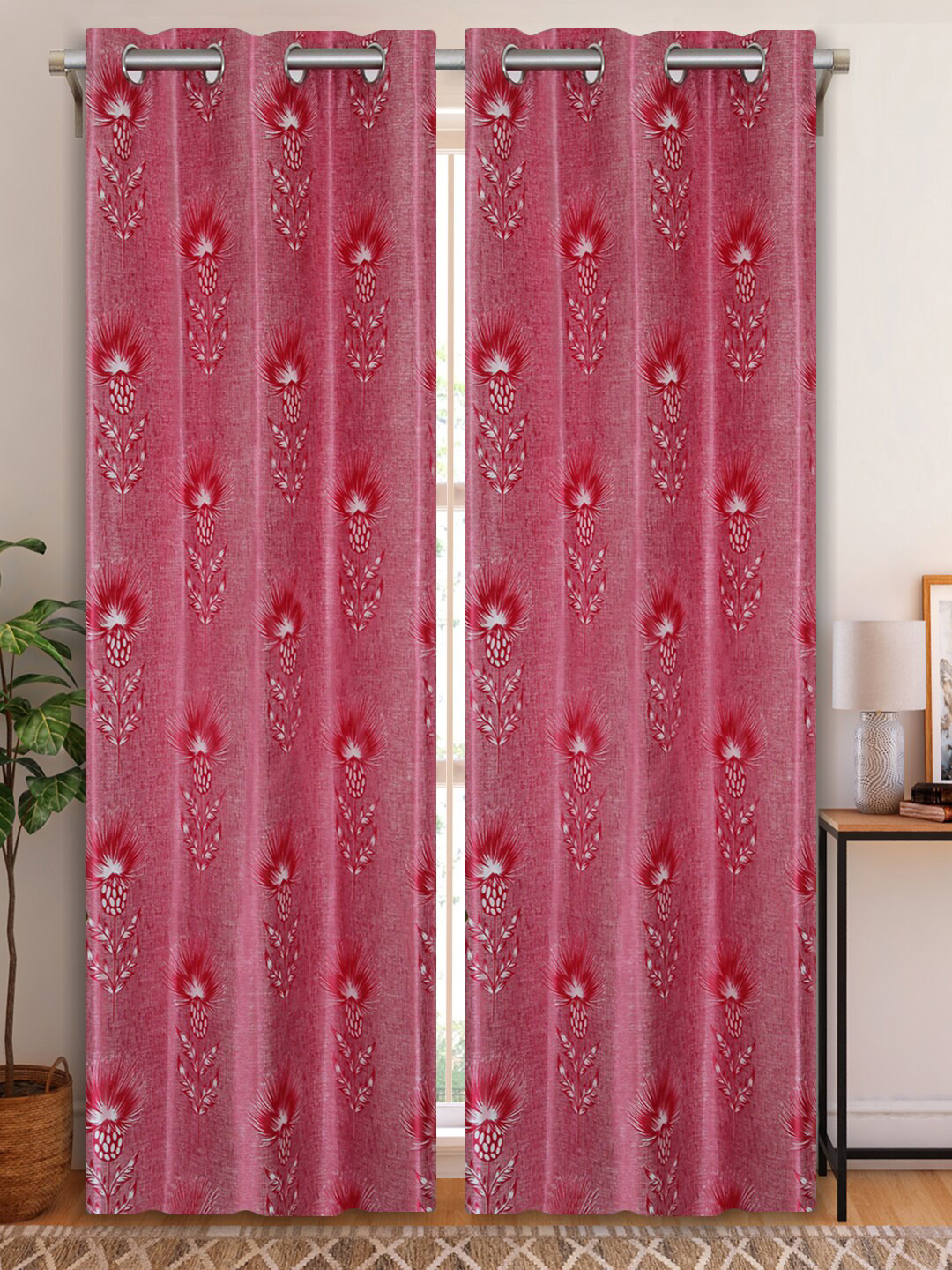 Aura Red & White  2Pcs Floral Room Darkening Door Curtain