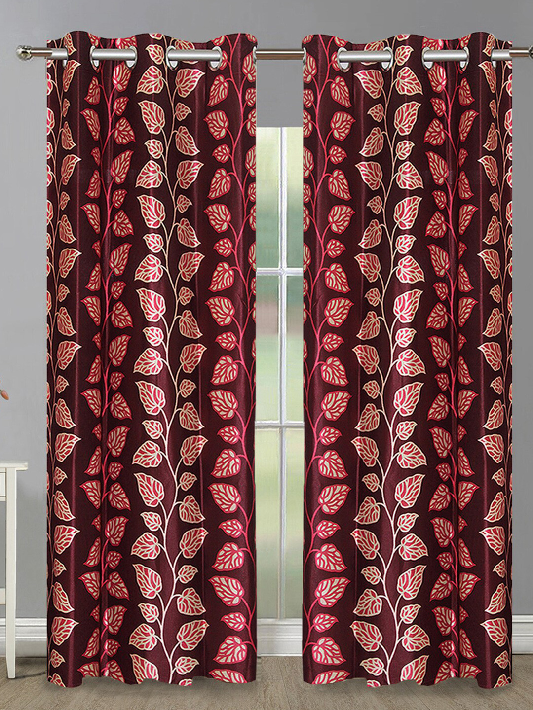Aura Maroon & Red 2 Pieces Floral Door Curtain