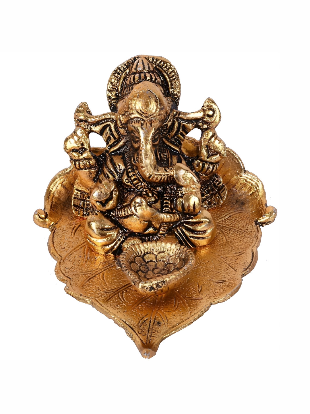 Navyaksh Leaf Ganesha with Deepak Gold Metal Metallic Prayer Room Small Showpiece - 3.1 Inches