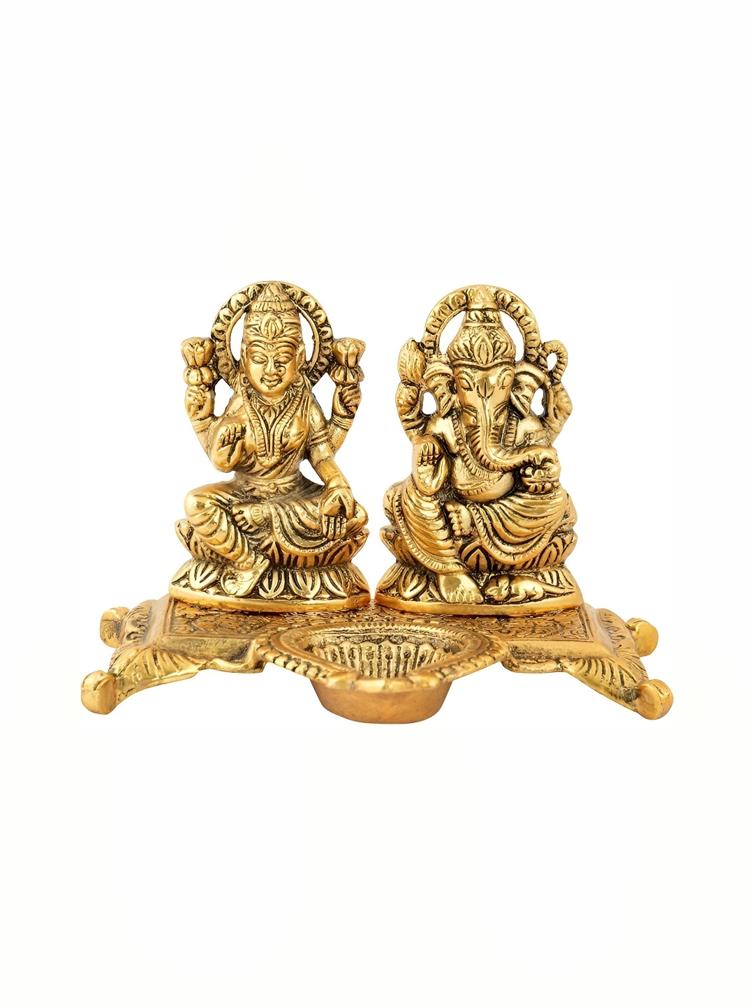 Navyaksh Laxmi Ganesh Ji Choki with Diya Gold Metal Metallic Prayer Room Small Showpiece - 3.1 Inches