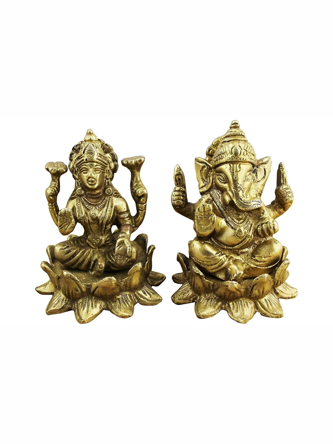 Navyaksh Lord Lakshmi Ganesh Gold Brass Metallic Prayer Room Hand-Crafted Set of 2 Small Showpieces - 3.1 Inches