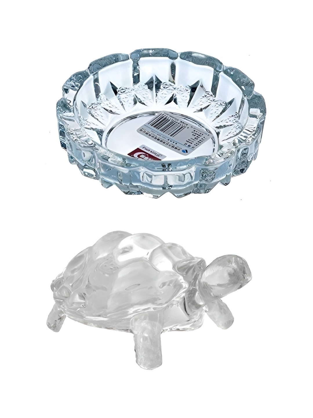 Navyaksh Tortoise in Plate Fang Shui Vastu Transparent Glass Glossy Home Office Set of 2 Small Showpieces - 3.1 Inches
