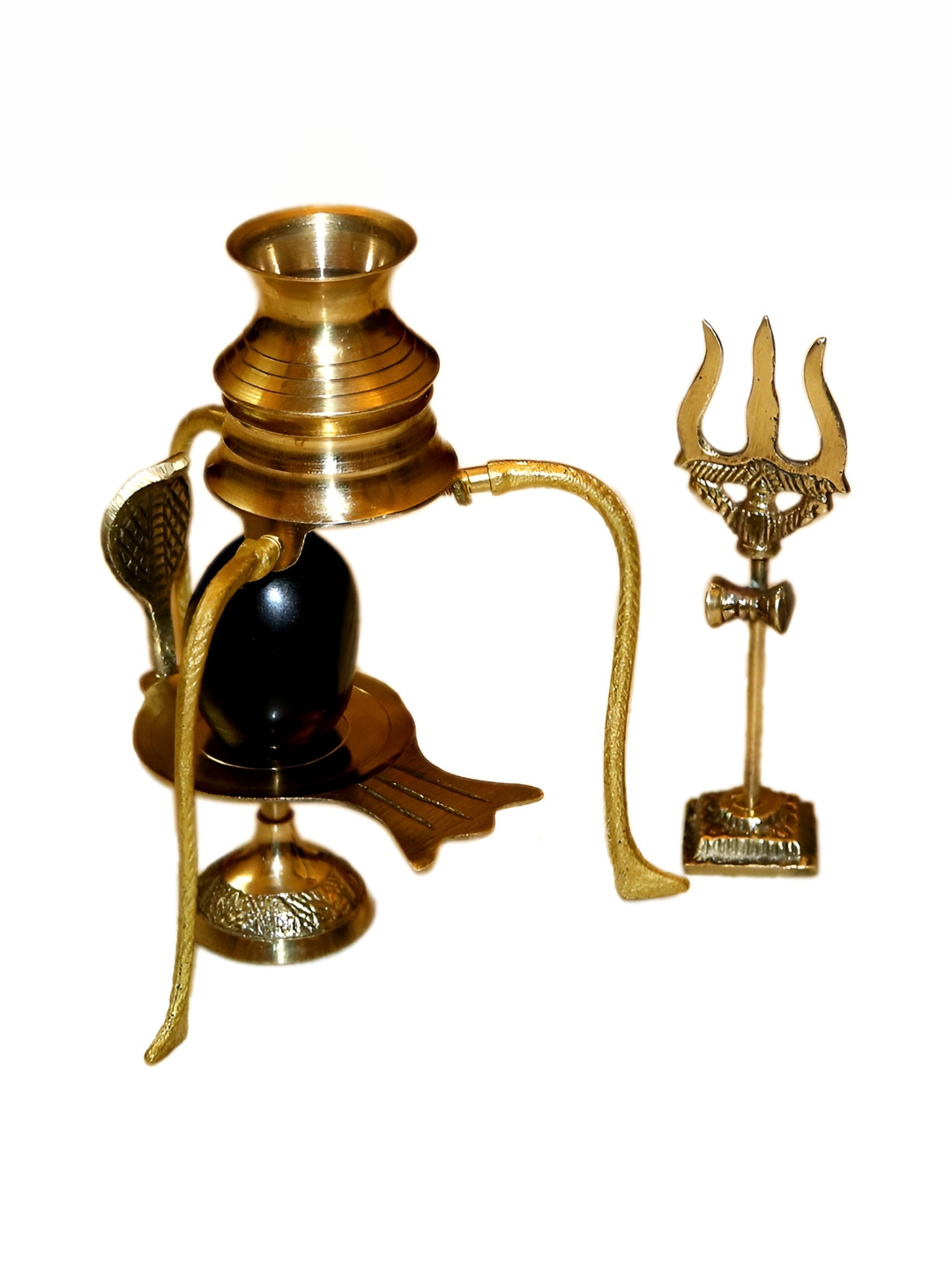 Navyaksh Shivling with Trishul Jalahari Yoni, Kalash and Stand Gold Brass Metallic Prayer Room Set of 5 Medium Showpieces - 3.1 Inches