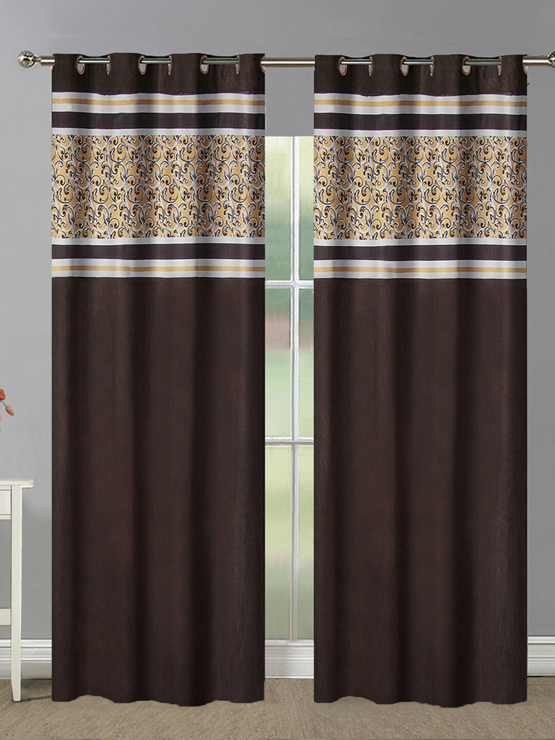 Aura Brown & Mustard 2 Pieces Floral Printed Room Darkening Eyelet Door Curtains