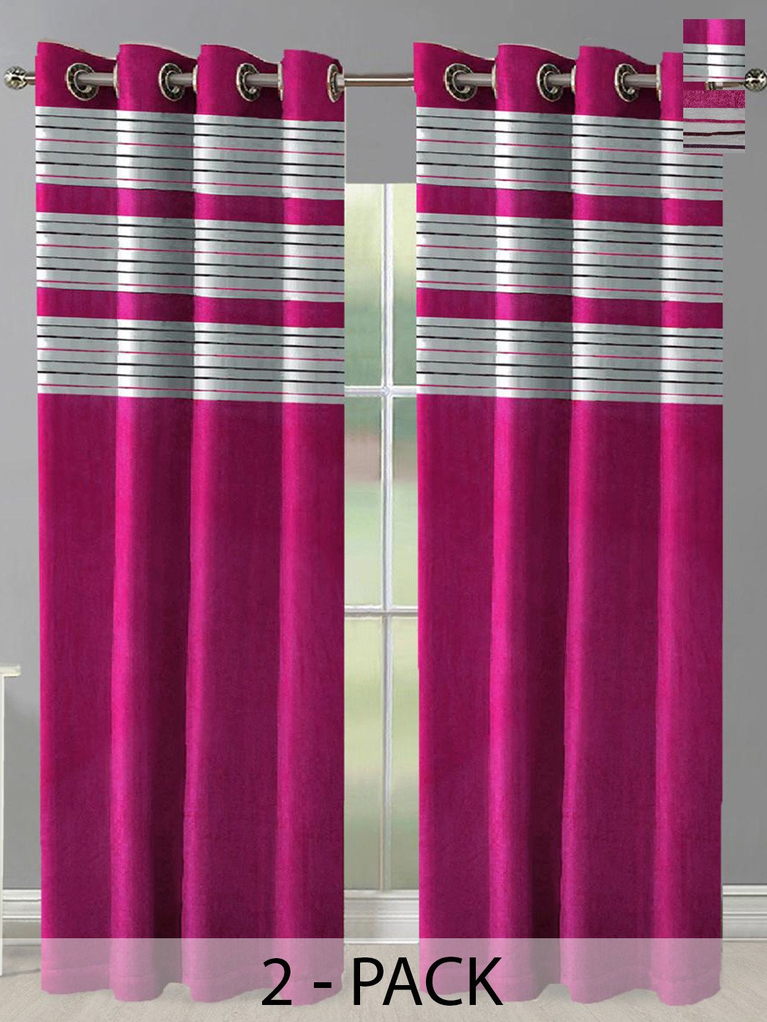 Aura Pink & White 2 Pieces Striped Long Door Curtain