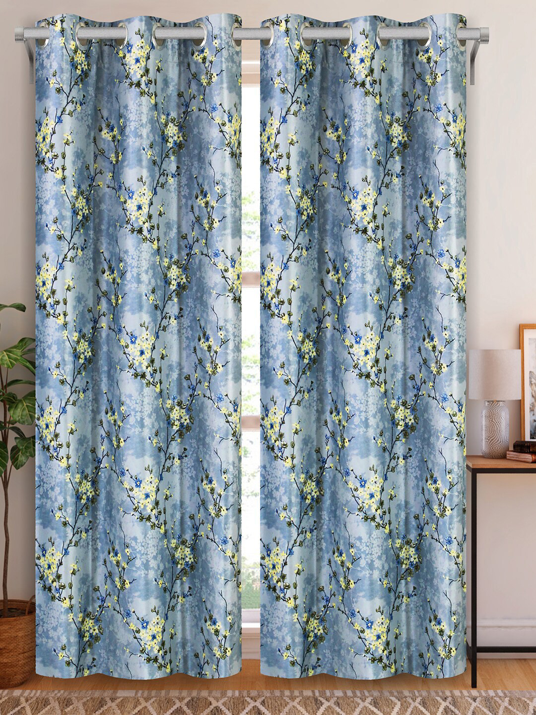 Aura Blue & Black 2 Pieces Floral Printed Long Door Curtain