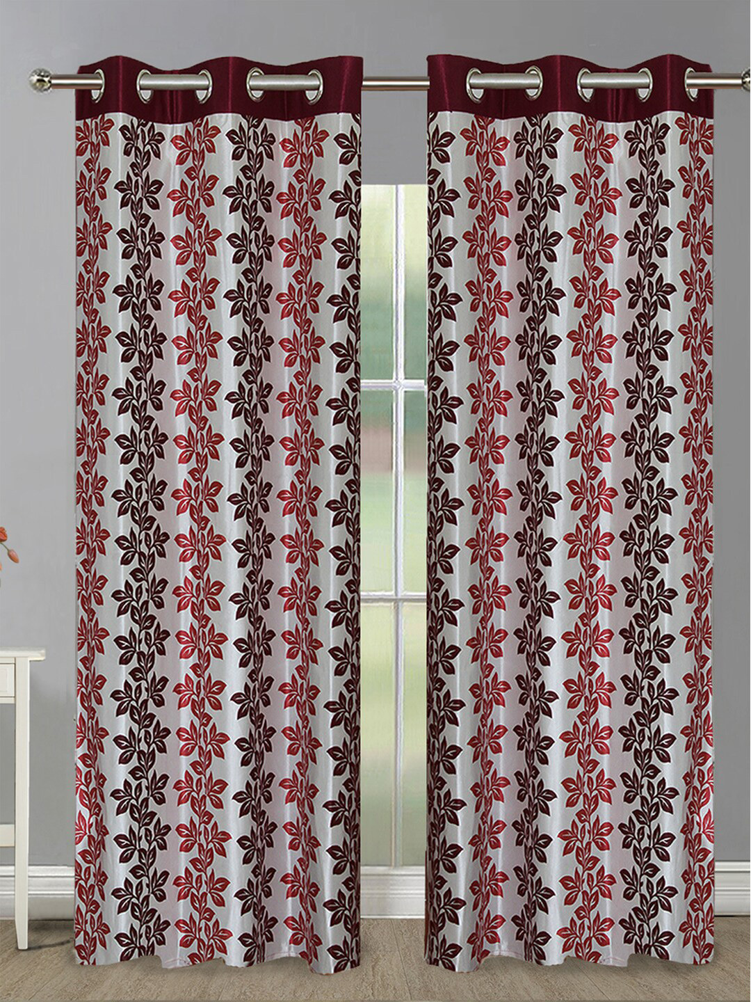 Aura Maroon & White 2 Pieces Floral Printed Room Darkening Long Door Curtain