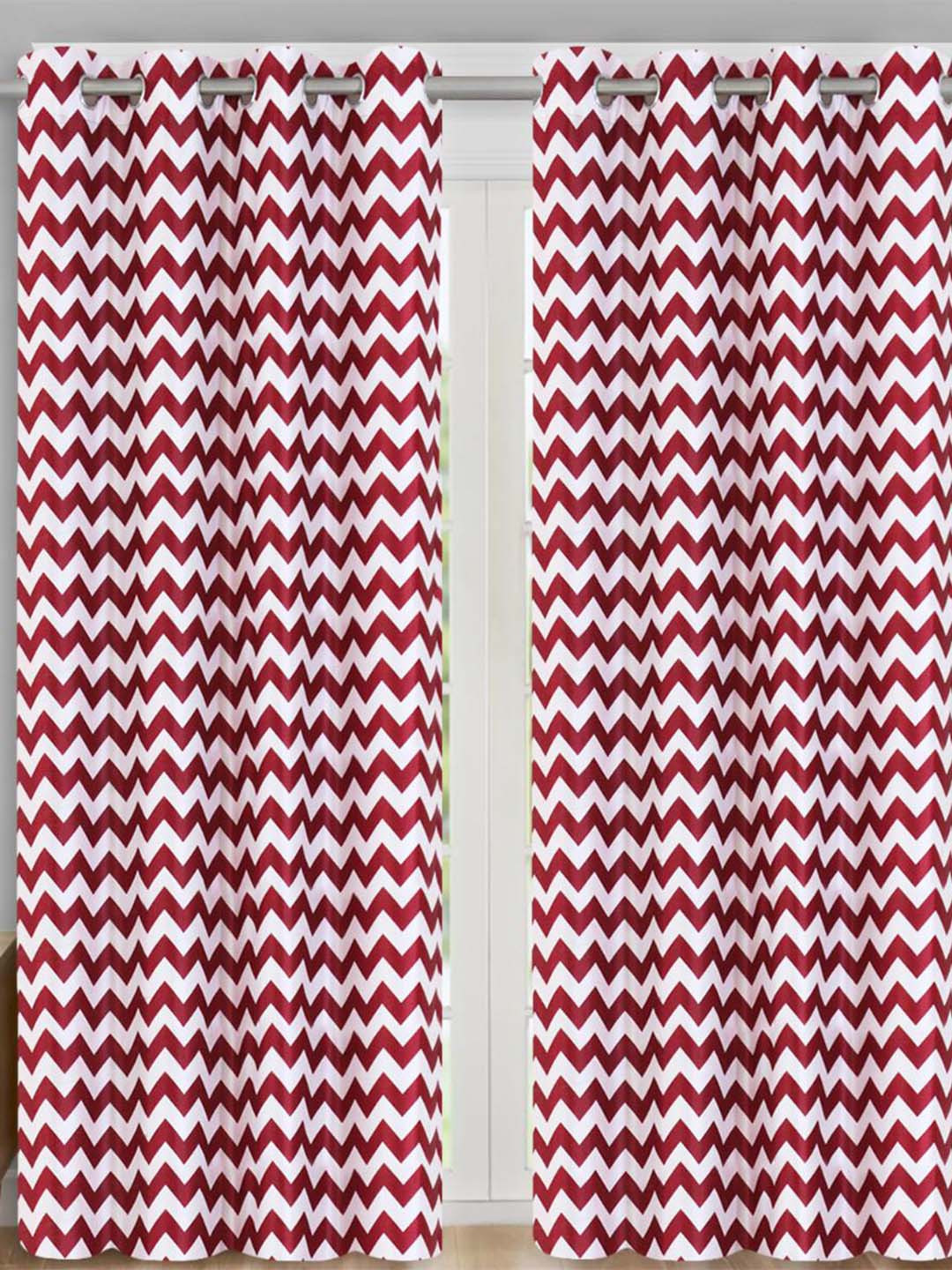 Aura Red & White 2Pcs Striped Long Door Curtain
