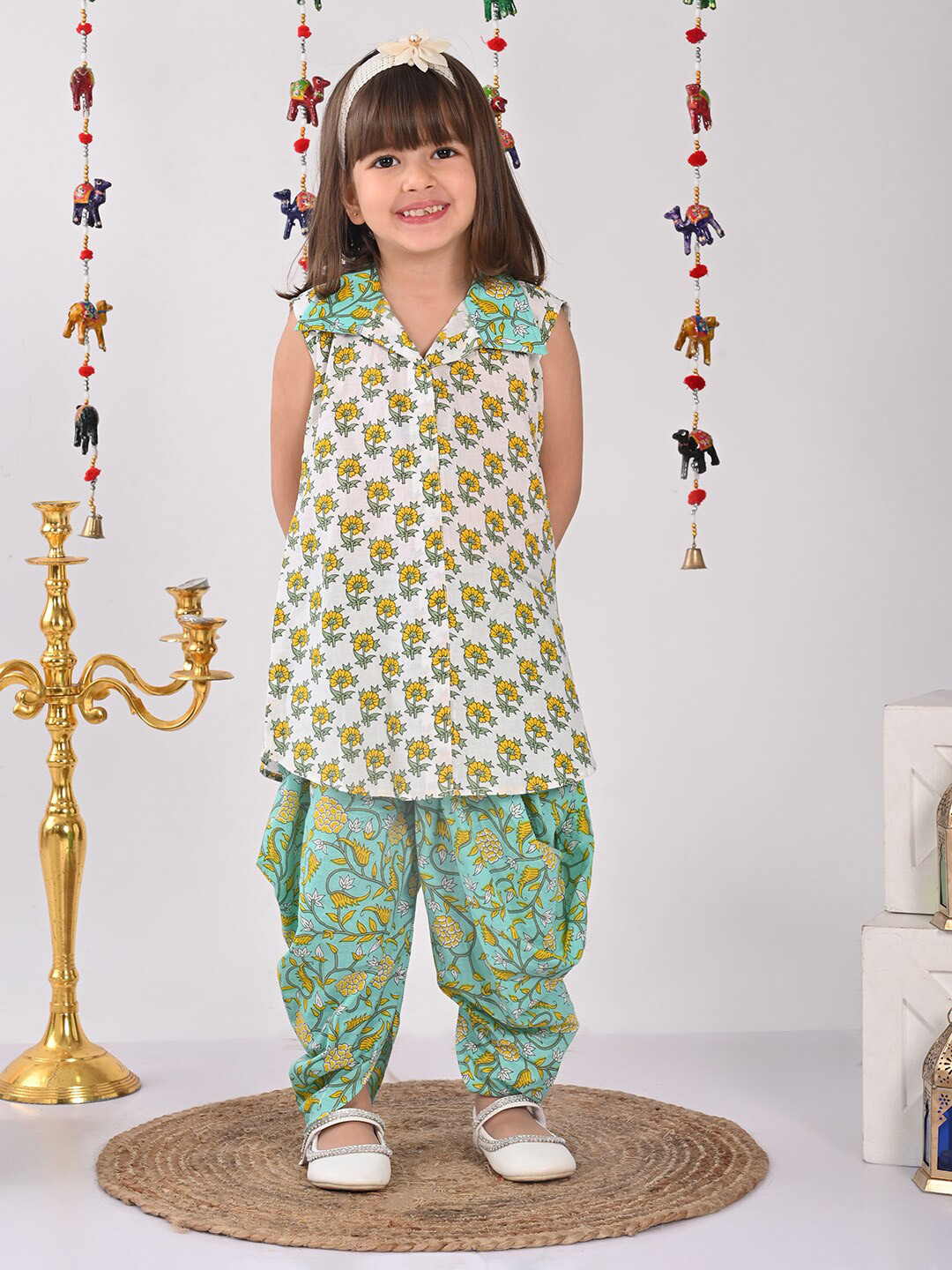 Sangria Girls Ethnic Motifs Printed Shirt Collar Pure Cotton Kurti & Dhoti Pant