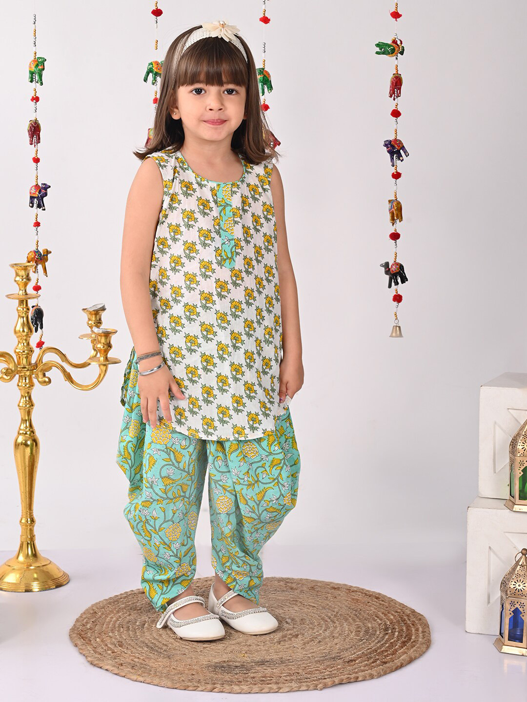 Sangria Girls White and Green Floral Printed Pure Cotton Kurti With Dhoti Pants