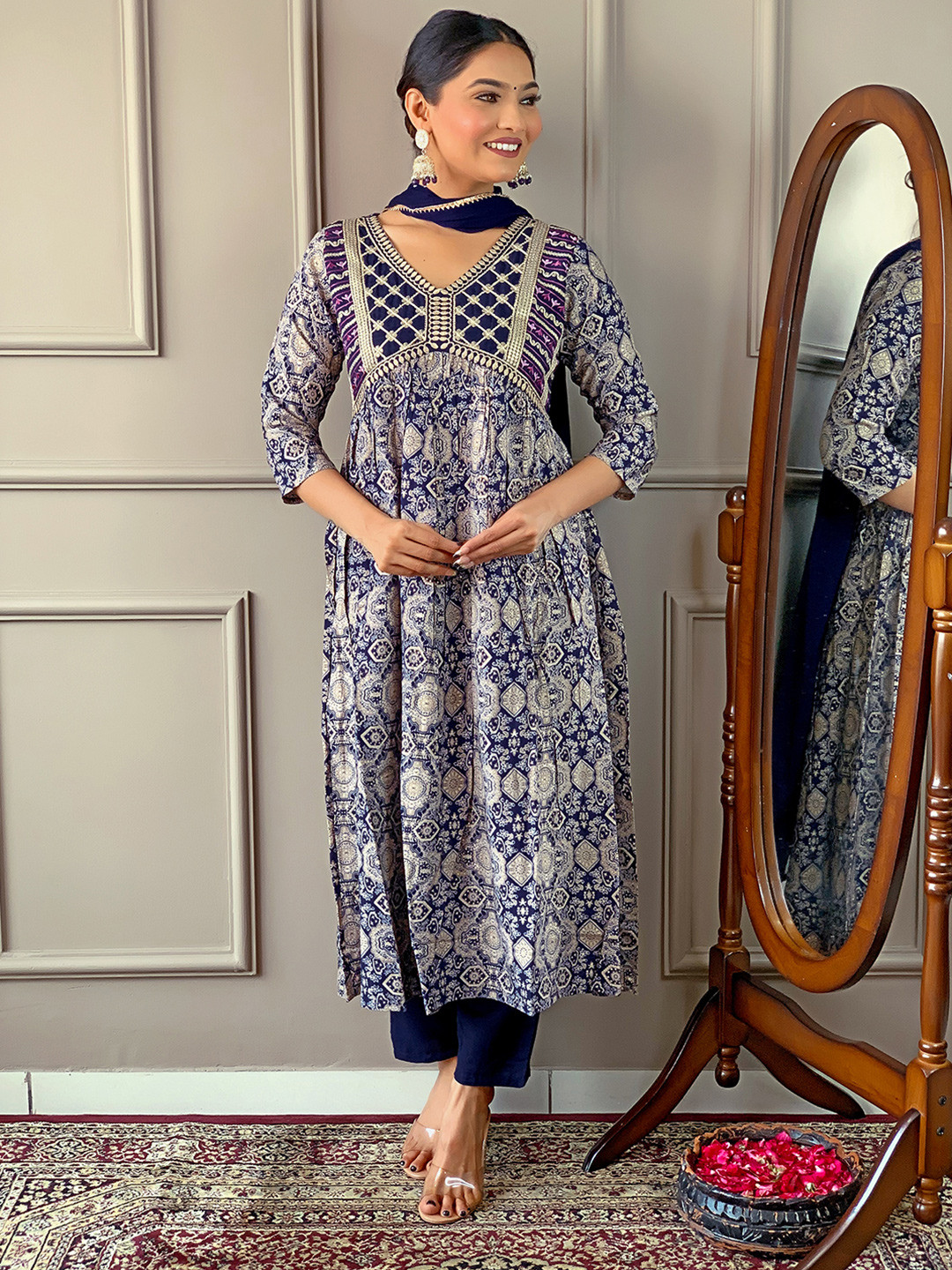 KALINI Ethnic Motifs Embroidered Thread Work Chanderi Silk Kurta With Trousers & Dupatta