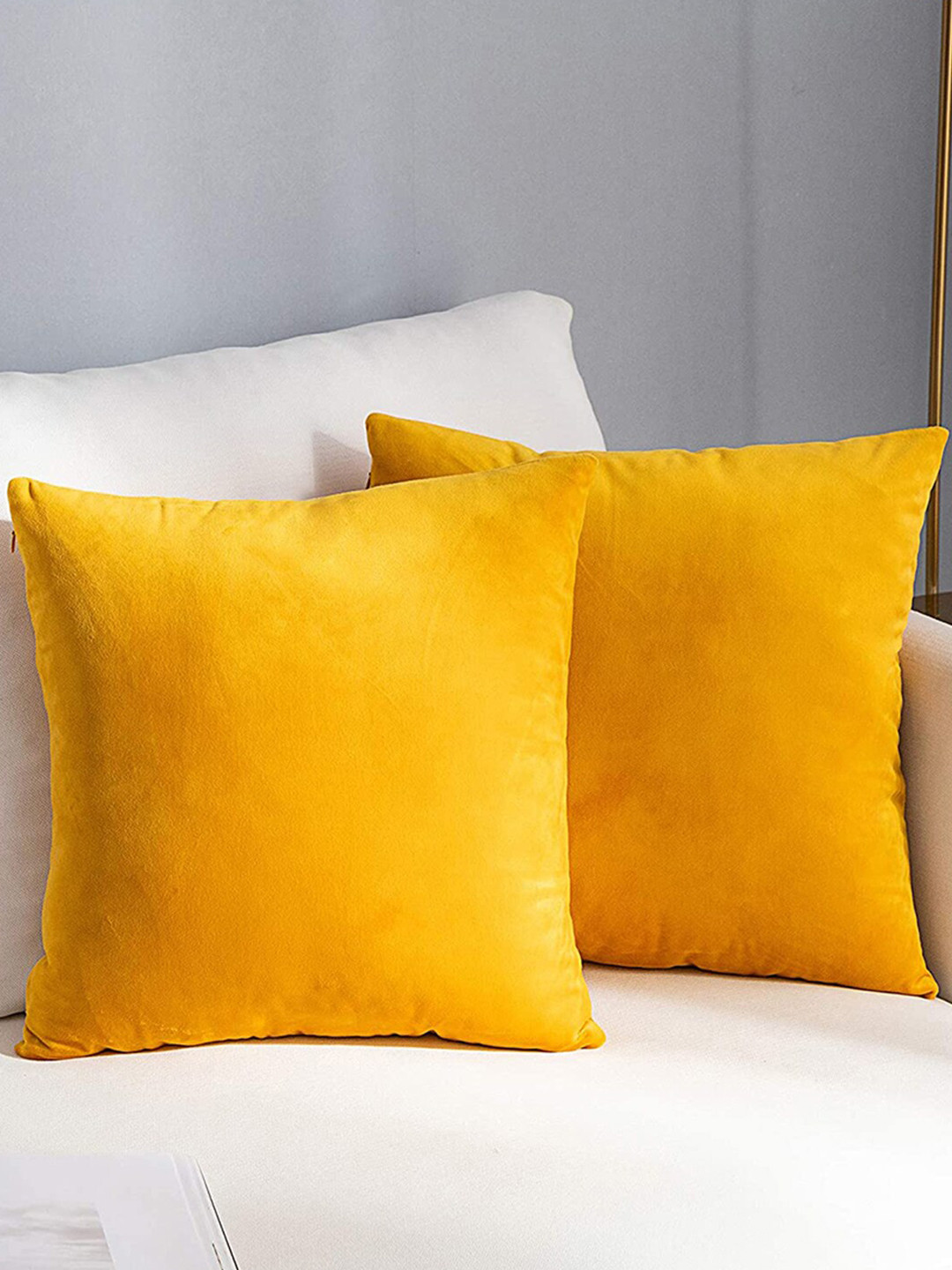 AEROHAVEN Solid Yellow Velvet Reversible 2 Piece Square Cushion Covers -12x12In