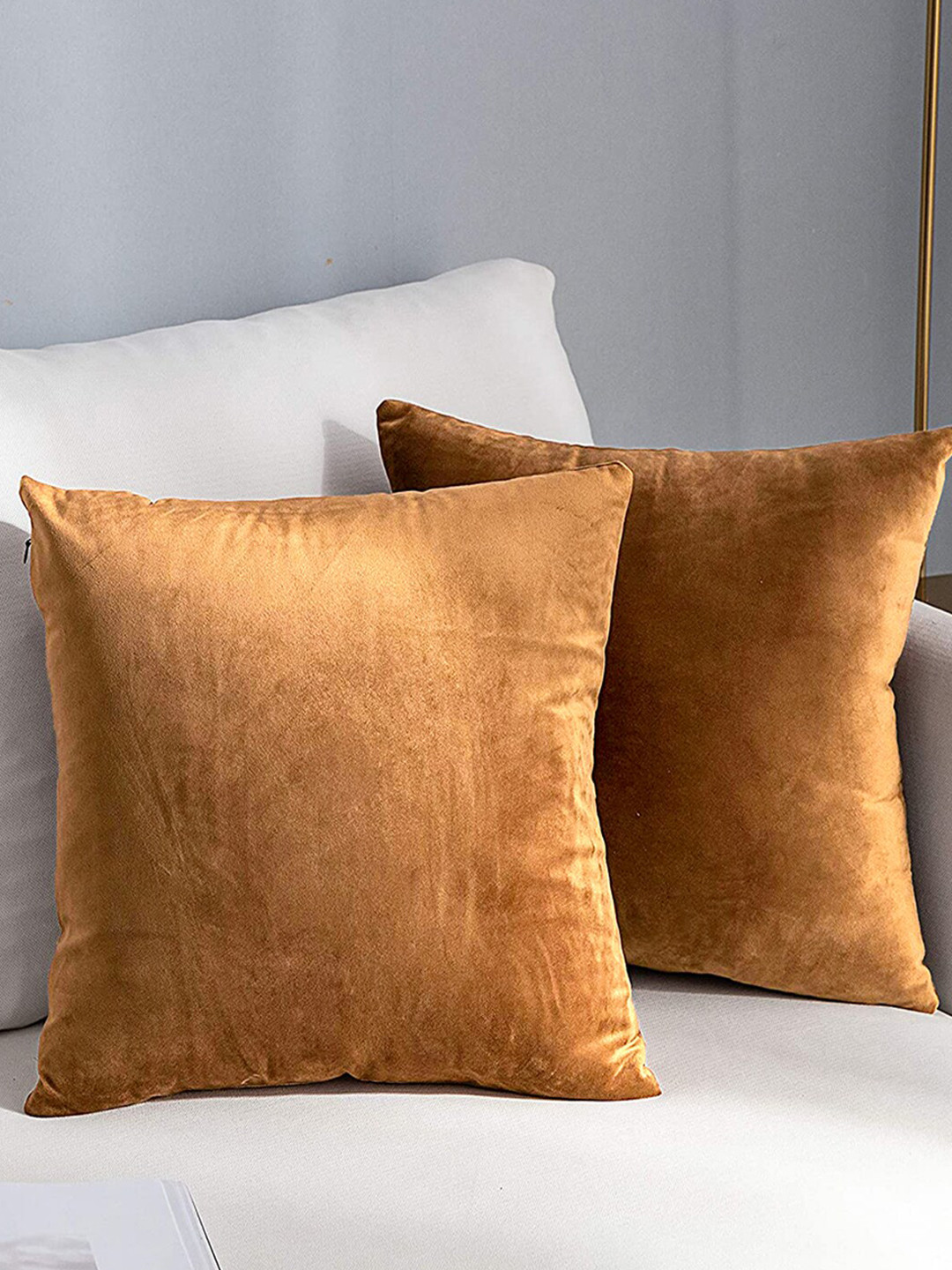 AEROHAVEN Solid Tan Velvet Reversible 2 Piece Square Cushion Covers -12x12In