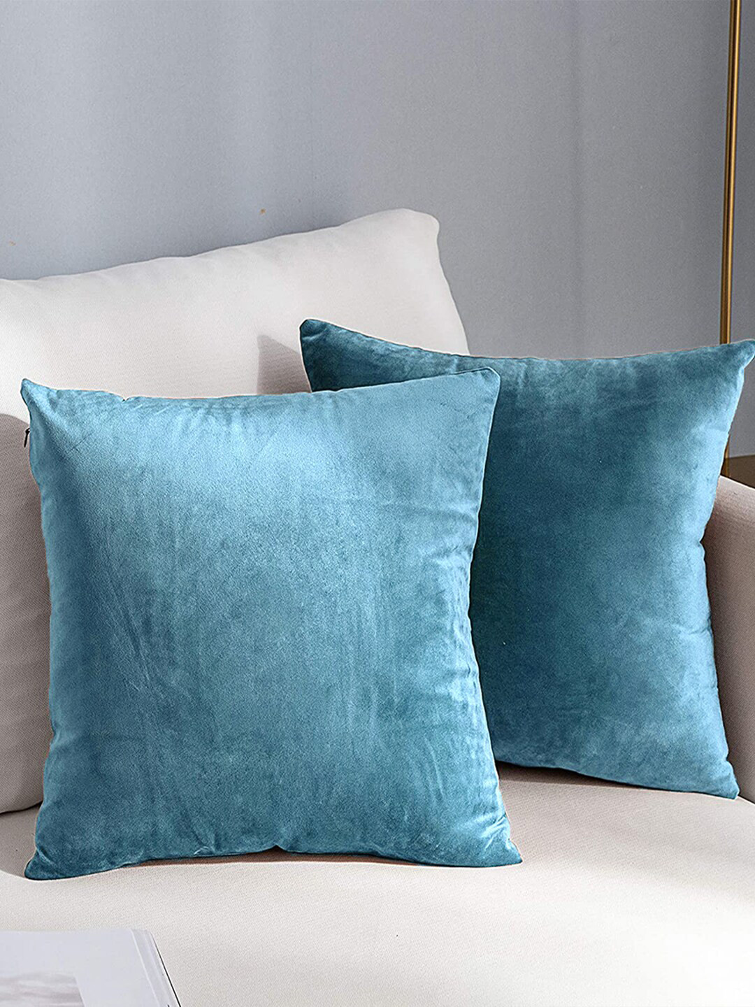 AEROHAVEN Solid Blue Velvet Reversible 2 Piece Square Cushion Covers -20x20In