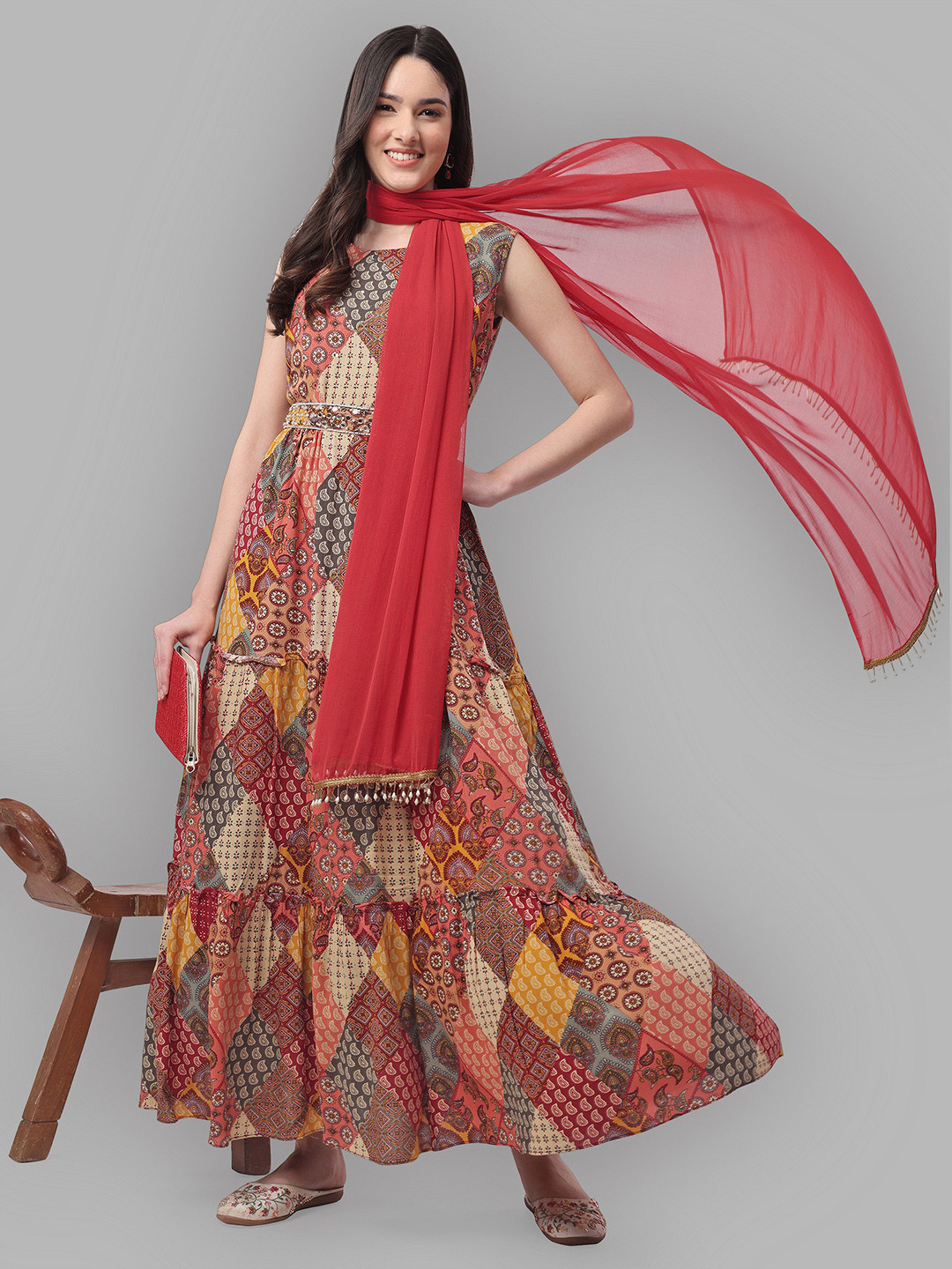 KALINI Ethnic Motifs Printed Sequined Tiered Maxi Belted Ethnic Dress With Dupatta