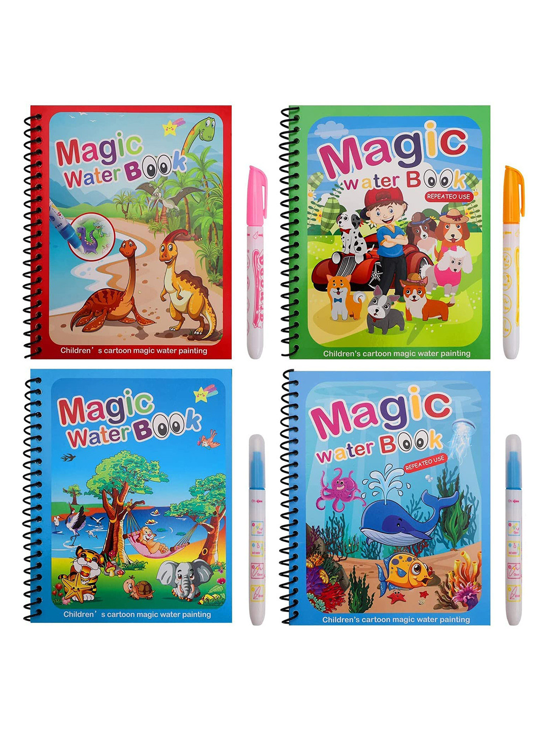 OPINA Kids Pack of 4 Drawing Magic Water Colouring Reusable Book