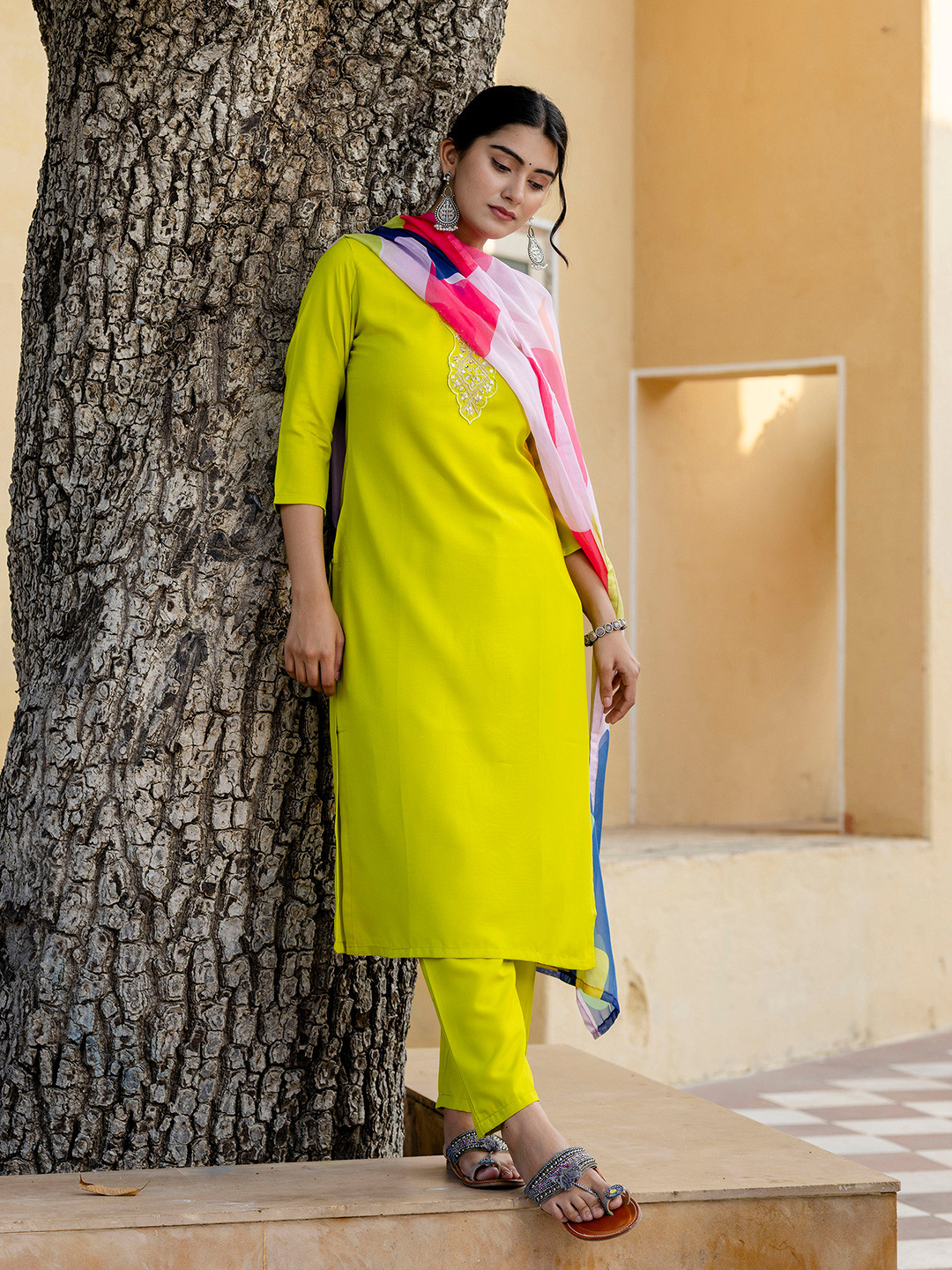 Navlik Floral Yoke Design Sequinned Kurta with Trousers & Dupatta
