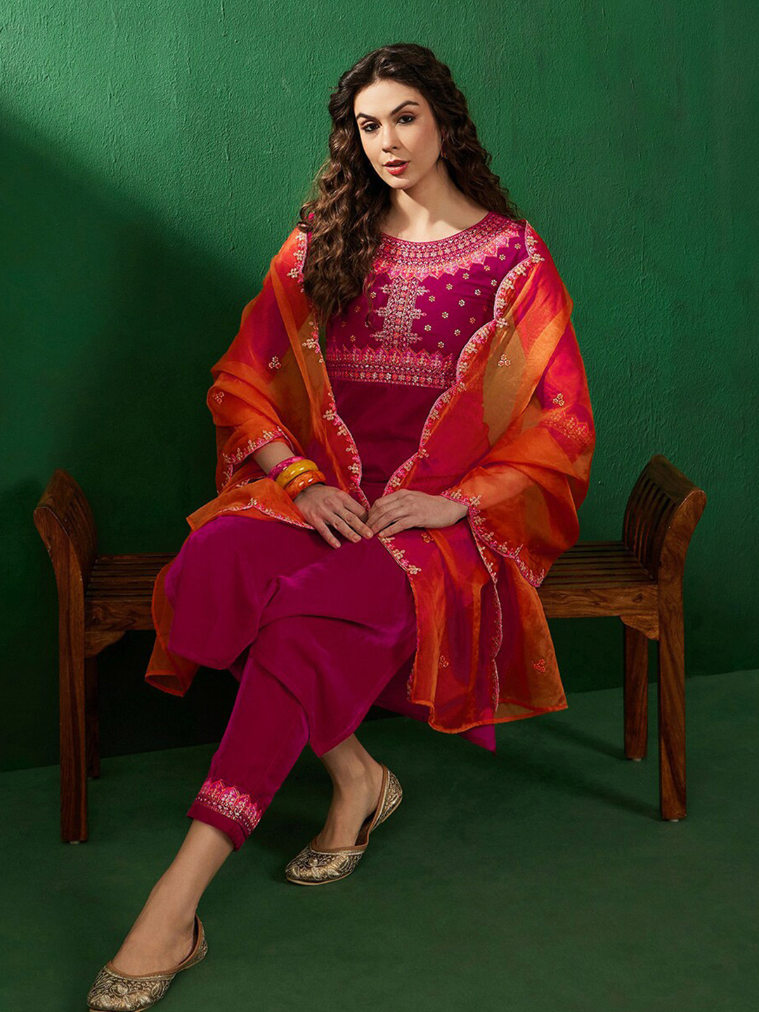 Sangria Magenta Embroidered Sequenced Velvet Kurta & Trousers With Dupatta
