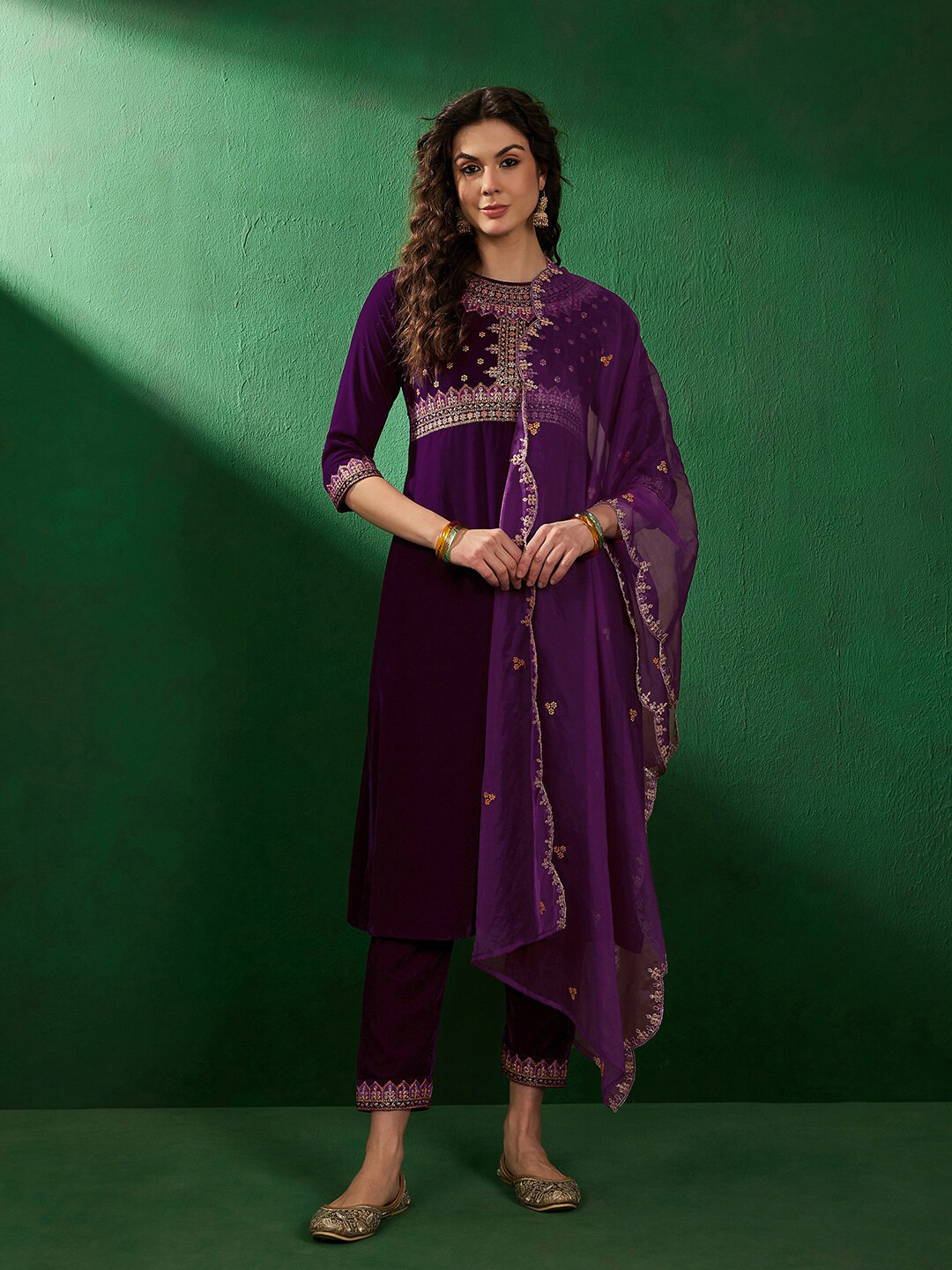 Sangria Purple Embroidered Sequenced Velvet Kurta & Trousers With Dupatta