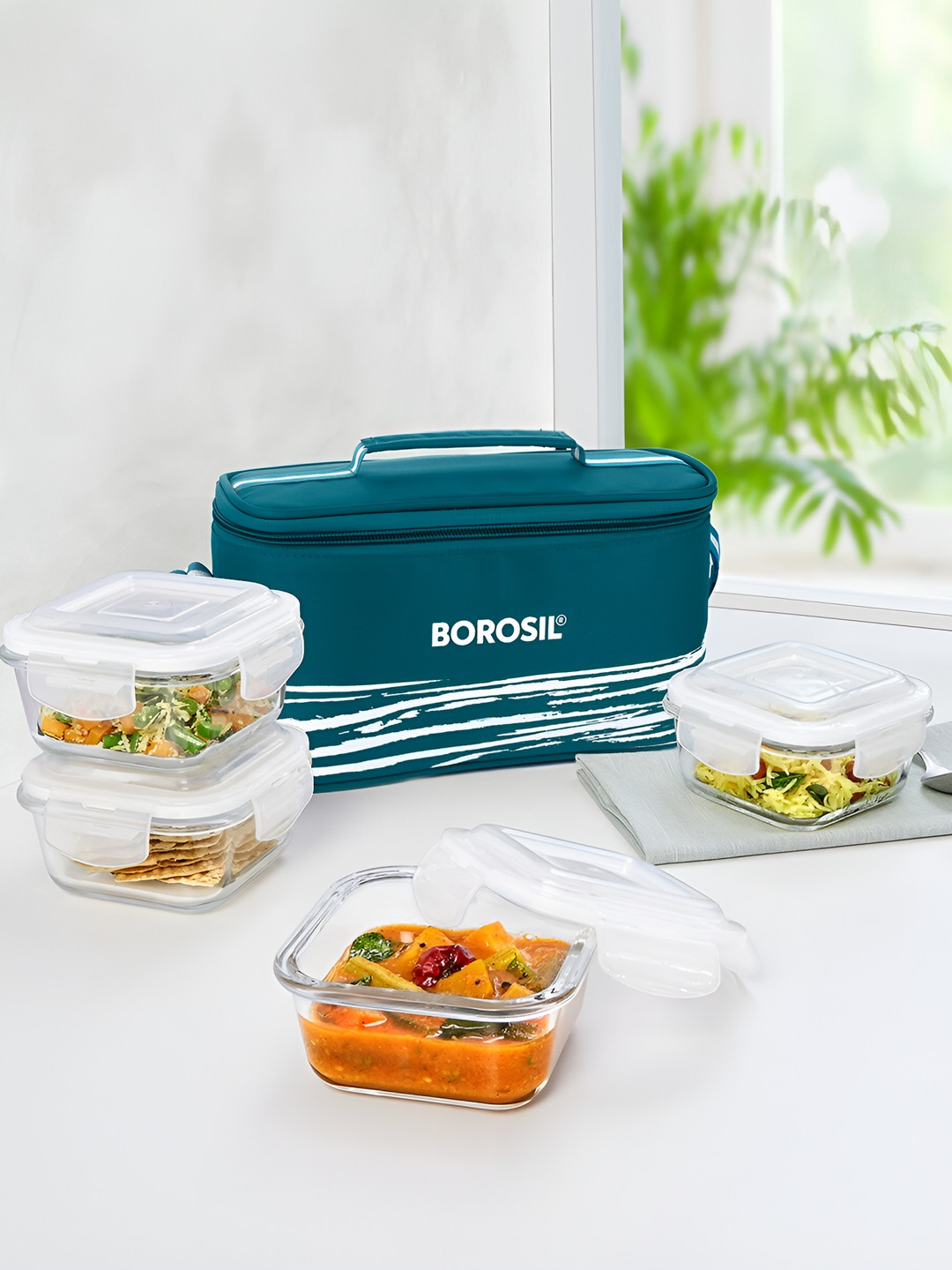 BOROSIL Stellar Glass Dishwasher and Microwave Safe 4PCs Lunch Box With Spoon and Fork