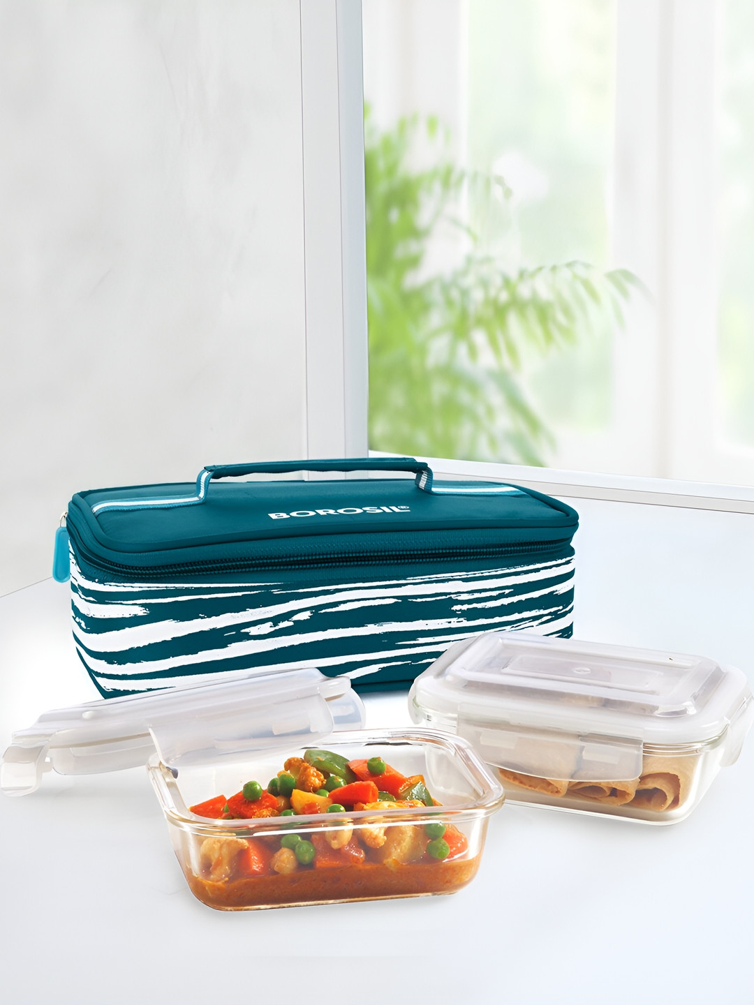BOROSIL Stellar Horizontal Glass 2PC Lunch Box With Spoon & Fork